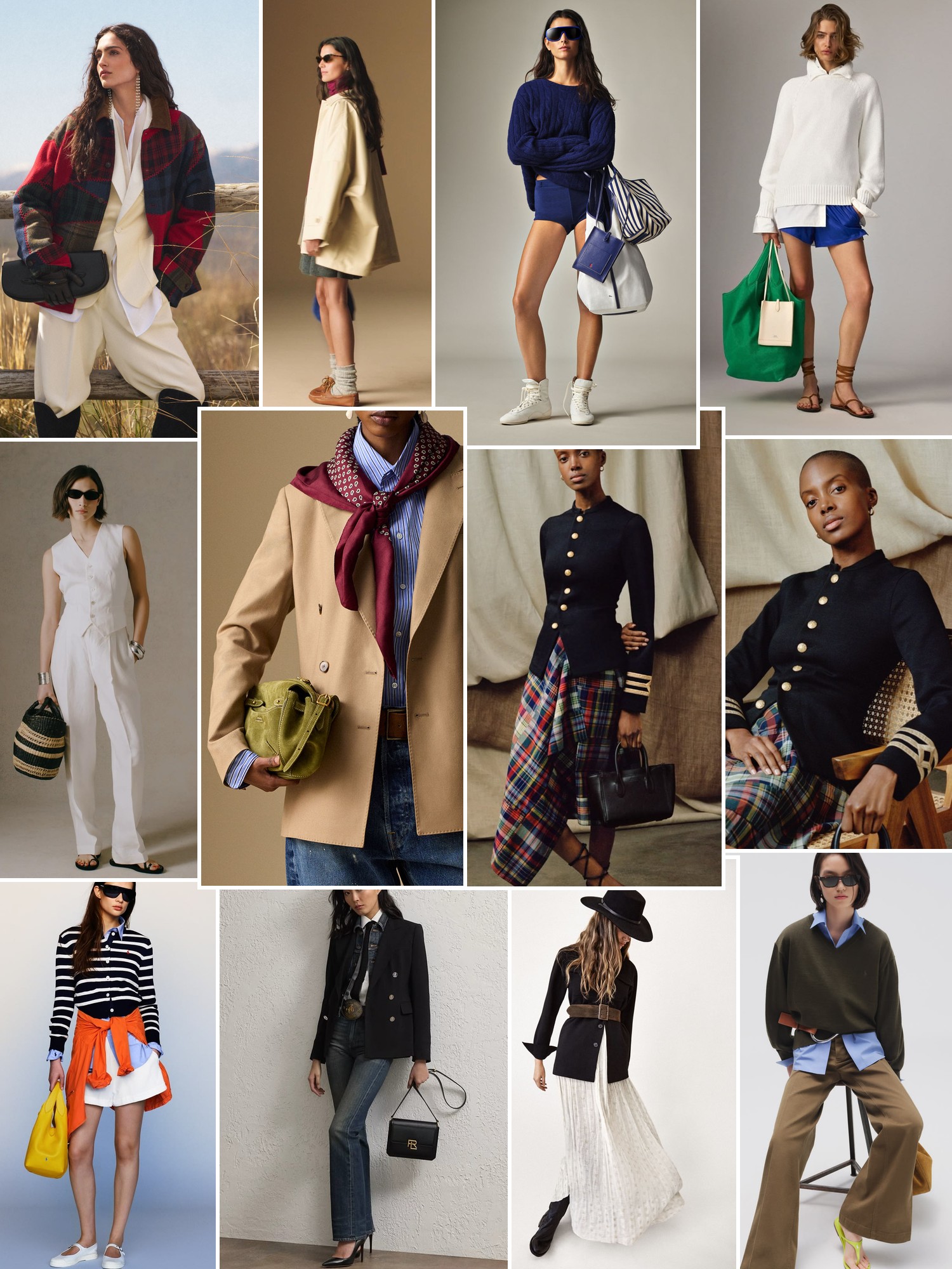 Collage of runway looks, campaign shots and street style outfits that capture the Ralph Lauren mood