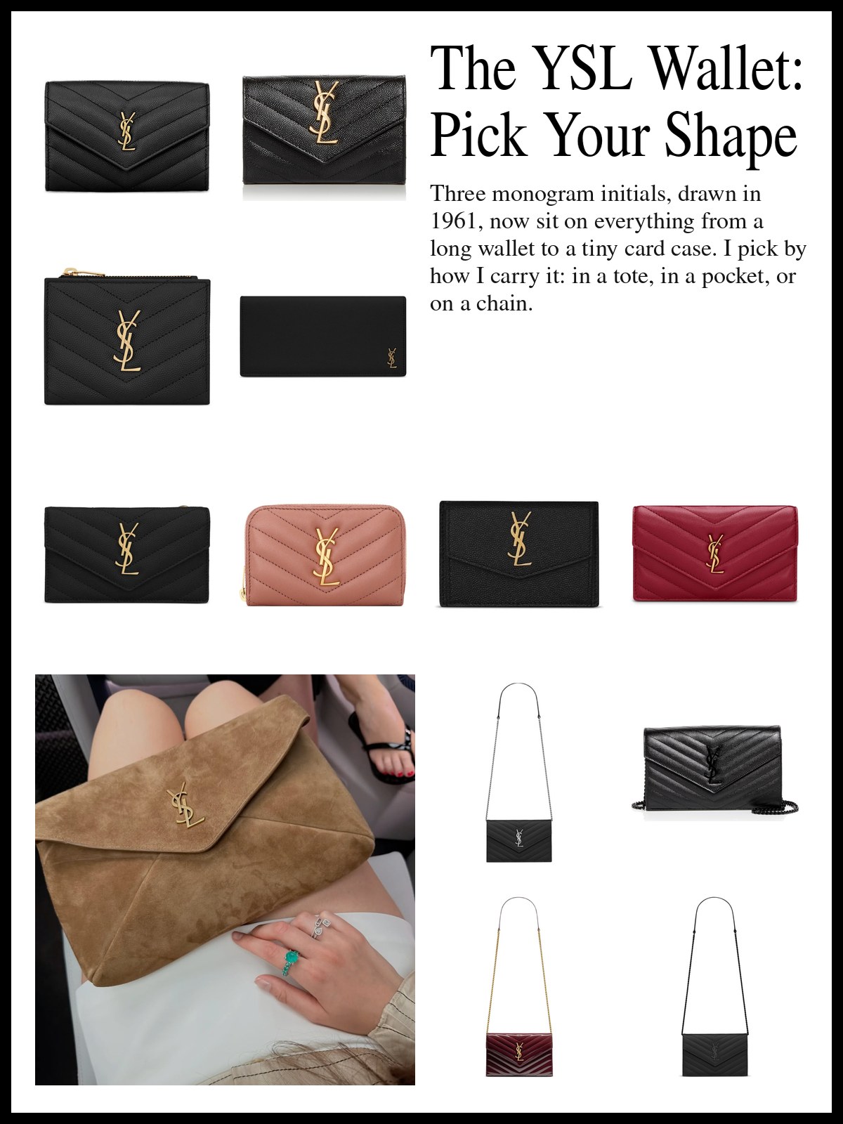 Collage of Saint Laurent long and bi-fold wallets, small card cases and cardholders, and chain wallets and compact wallets, and a mood photo of a brown suede YSL envelope wallet resting on a lap.