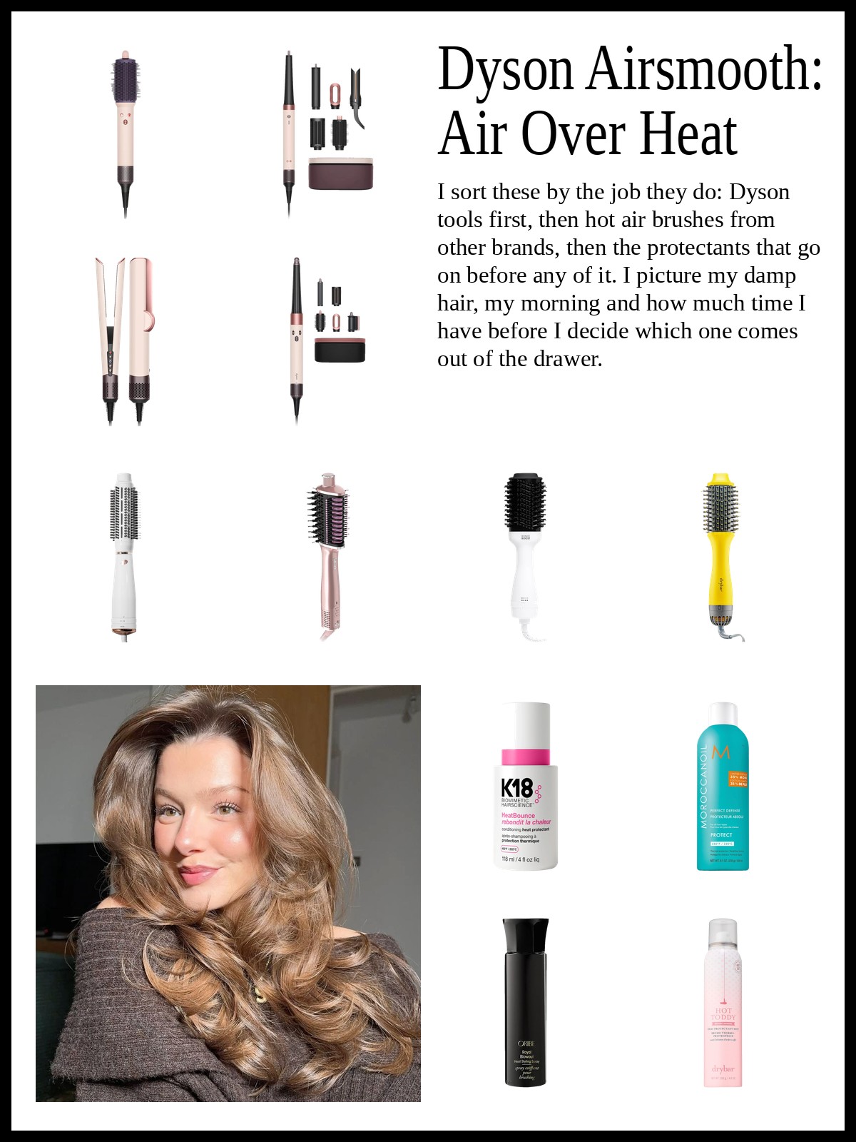 Collage of Dyson hair dryers, stylers and a dryer brush, hot air round and paddle brushes, and heat protectant sprays and creams, and a mood photo of long, bouncy blown-out waves
