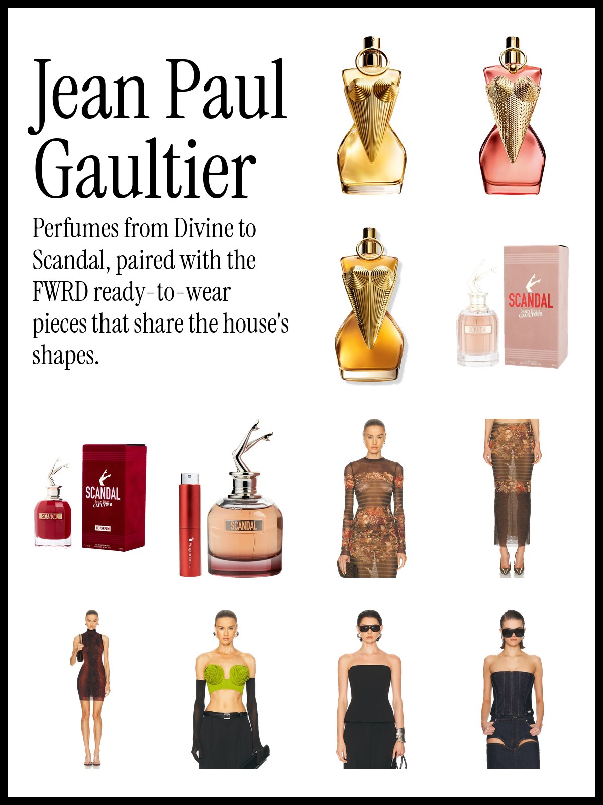 Collage of Jean Paul Gaultier fragrances and FWRD ready-to-wear pieces