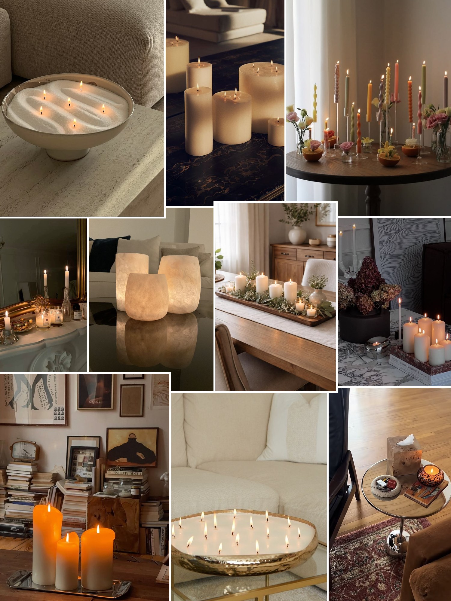 Collage of scented candles burning in styled rooms