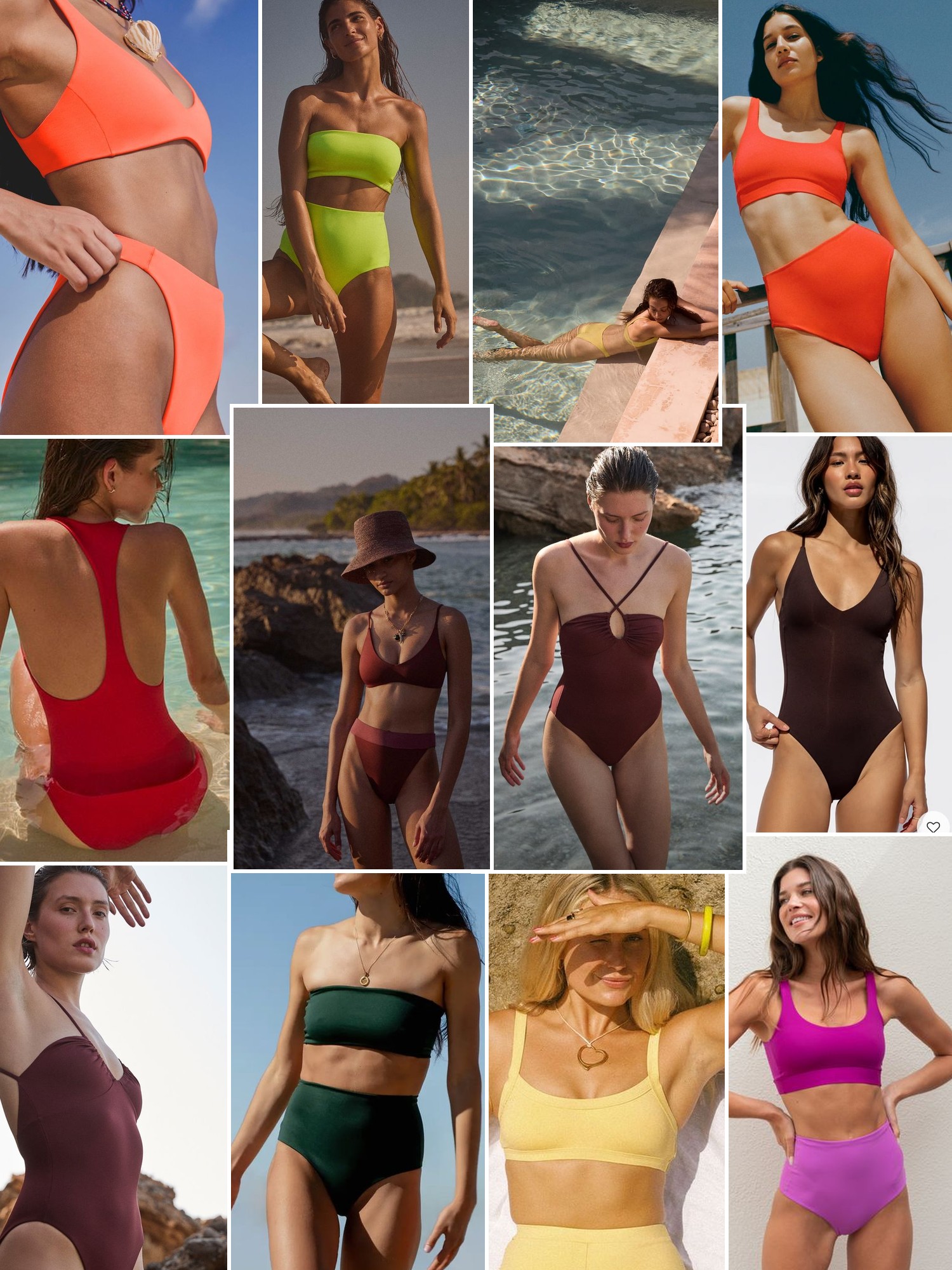 Collage of swimwear on sunlit beaches and by the water, in the spirit of Left On Friday