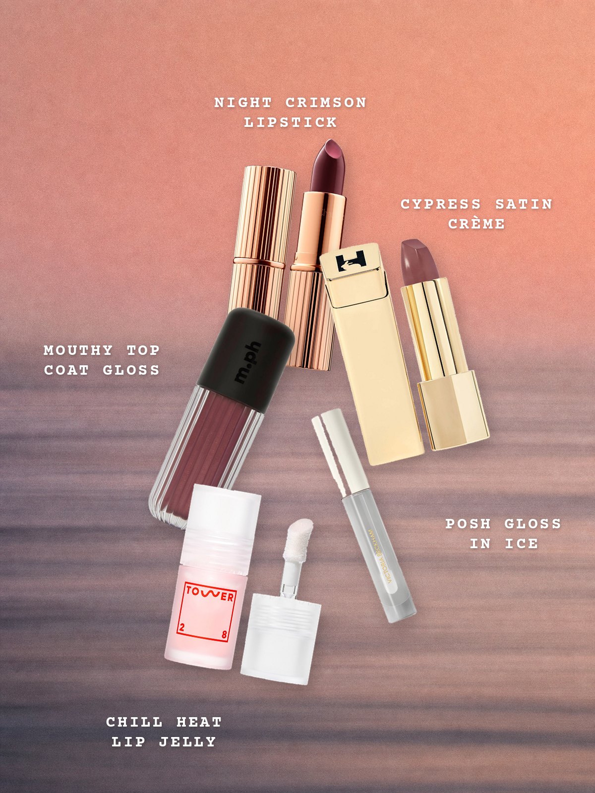 Floating collage of Charlotte Tilbury Night Crimson, Hourglass Cypress, m.ph Mouthy, Victoria Beckham Posh Gloss in Ice and Tower 28 Chill Heat over a soft peach sky and sea