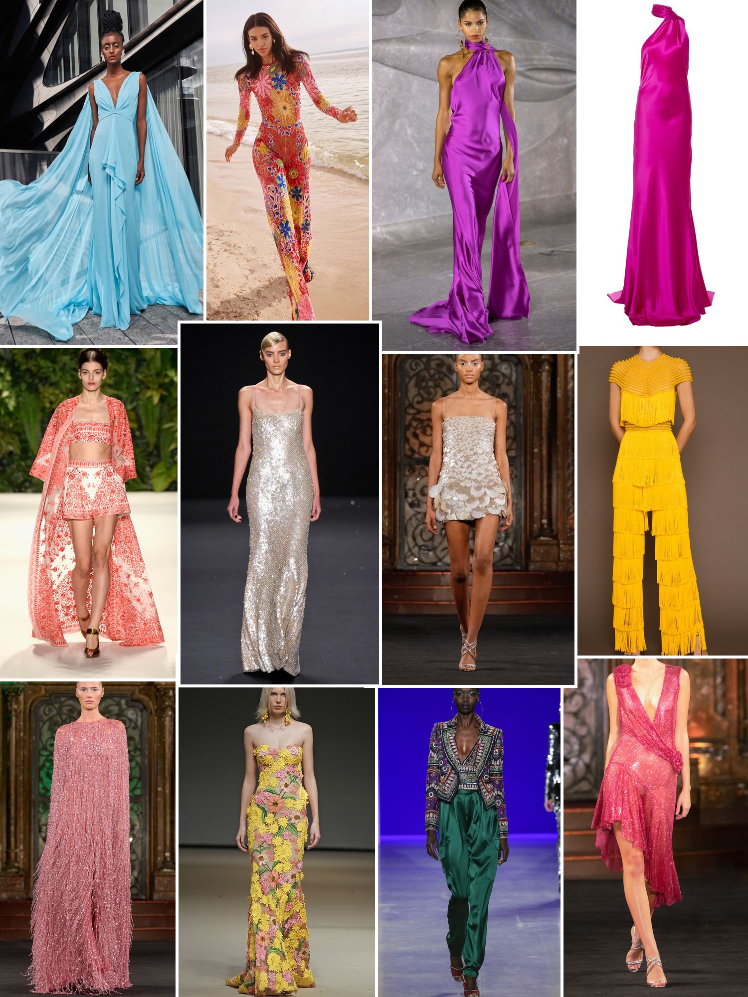 Collage of runway looks, campaign shots and street style outfits that capture the Naeem Khan mood