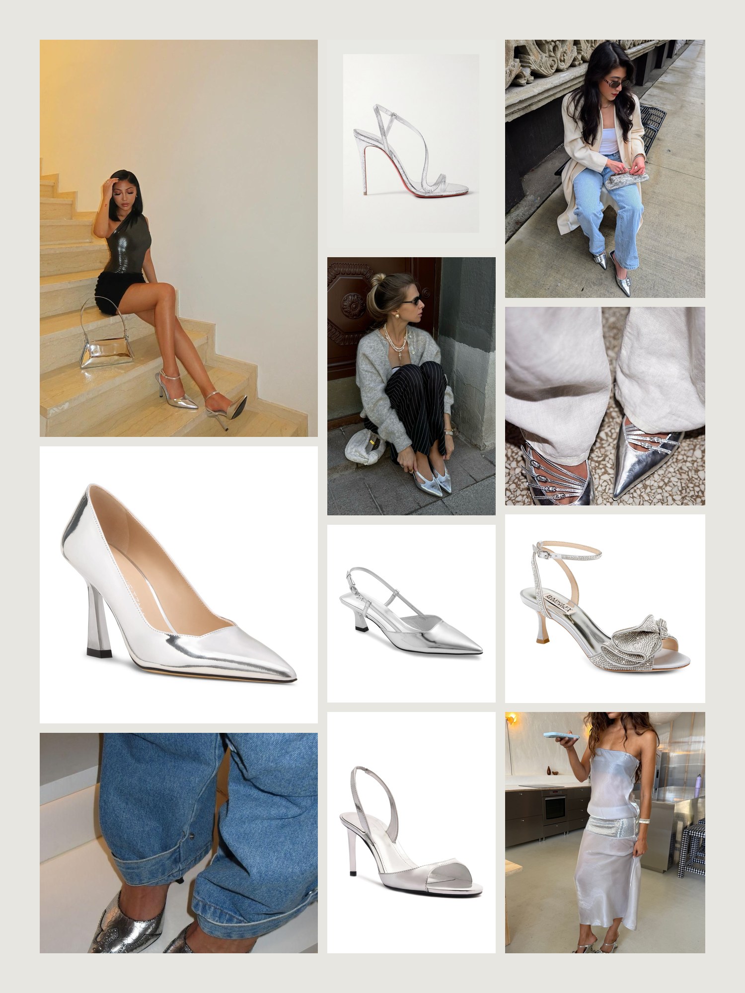 Mood board for Silver Heels: street-style photos, close-up details and product shots from this edit