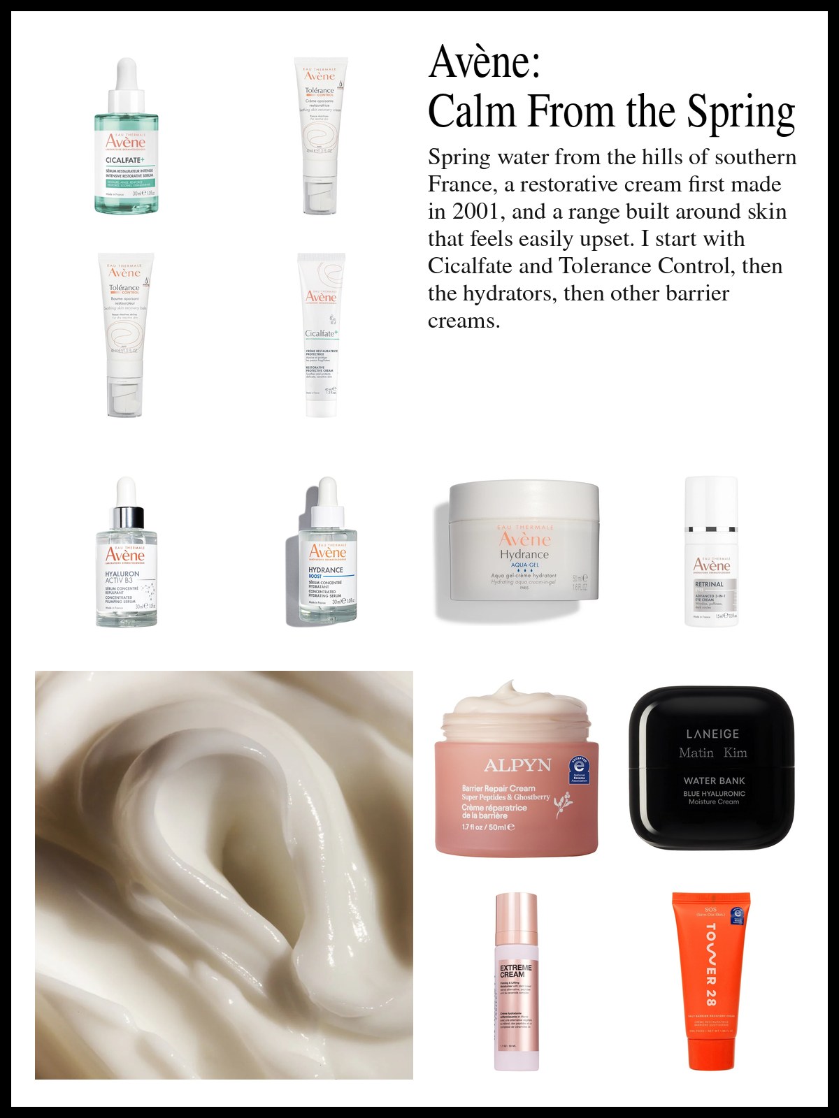 Collage of Avène restorative creams, hydrating serums and a cleanser beside barrier creams from other brands and a mood photo of a thick swirl of white cream.