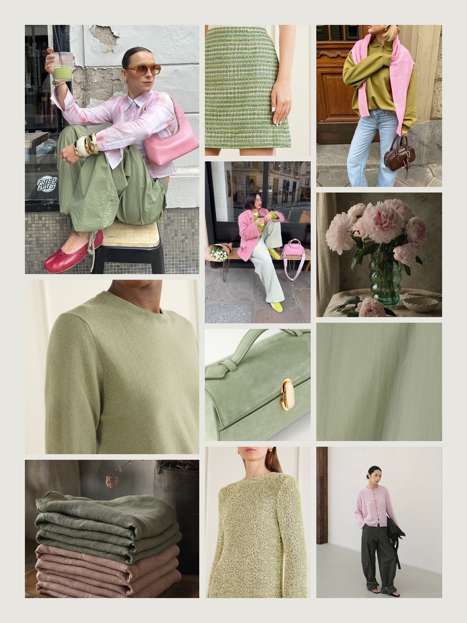 Mood board for sage green and pink outfits: four street-style photos of women wearing sage green and pink, close-ups of the Allude cashmere-blend sweater, the Carolina Herrera mini skirt, the Savette top-handle bag, the Liberowe maxi dress and the Moncler shell parka from this edit, and two still lifes in both colors