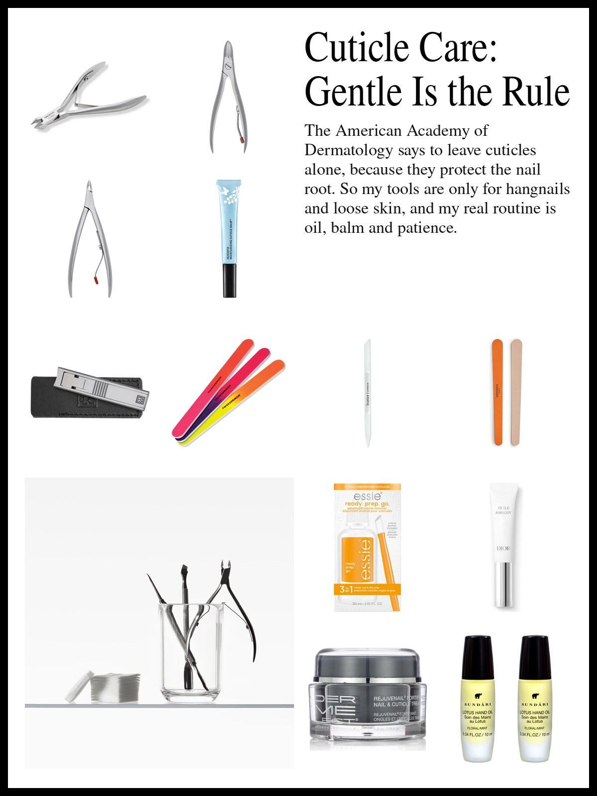 Collage of nail nippers, glass pushers, nail files and cuticle oils and balms, and a mood photo of nippers and a pusher standing in a glass.