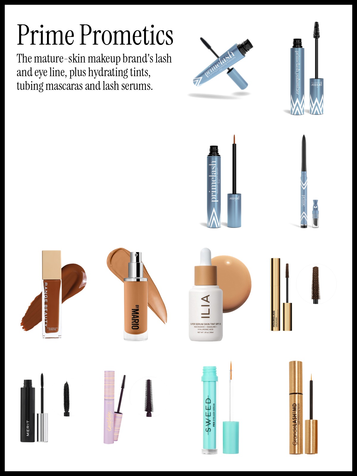 Collage of Prime Prometics PrimeLash Mascara, Range Beauty True Intentions Hydrating Foundation and Hourglass Defining and Lengthening Tubing Mascara