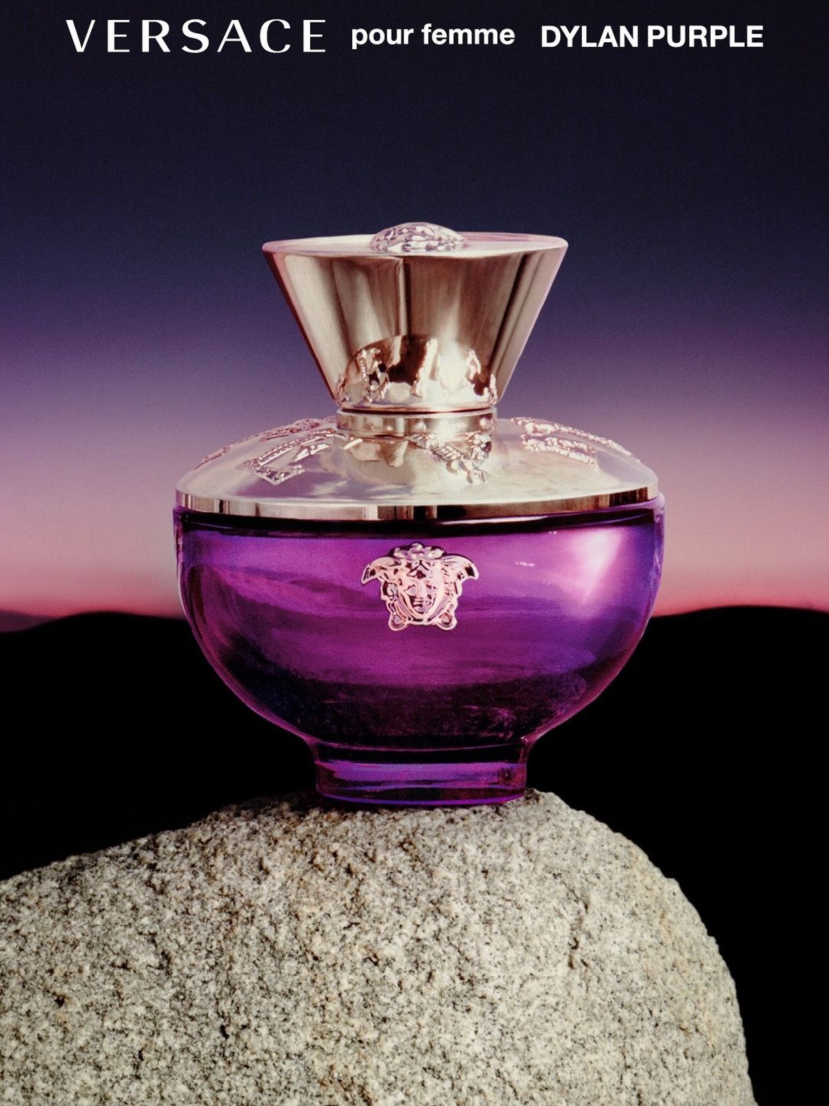 Versace Dylan Purple perfume bottle in violet glass with a rose gold cap and Medusa head, resting on a granite rock against a dusk sky