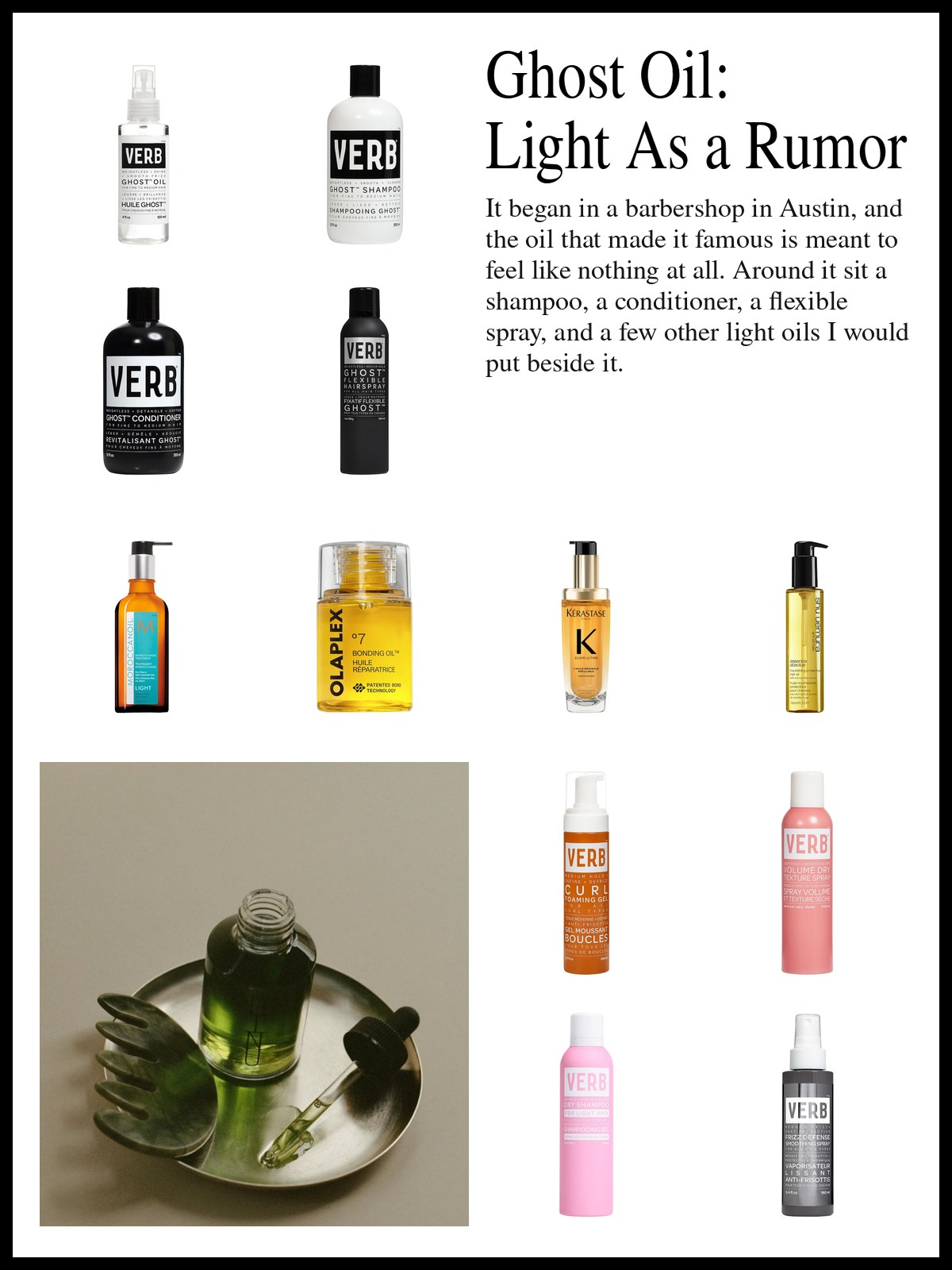 Collage of a weightless hair oil, fine-hair shampoo, conditioner, hairspray and lightweight oils and a mood photo of a green hair oil on a small silver tray.