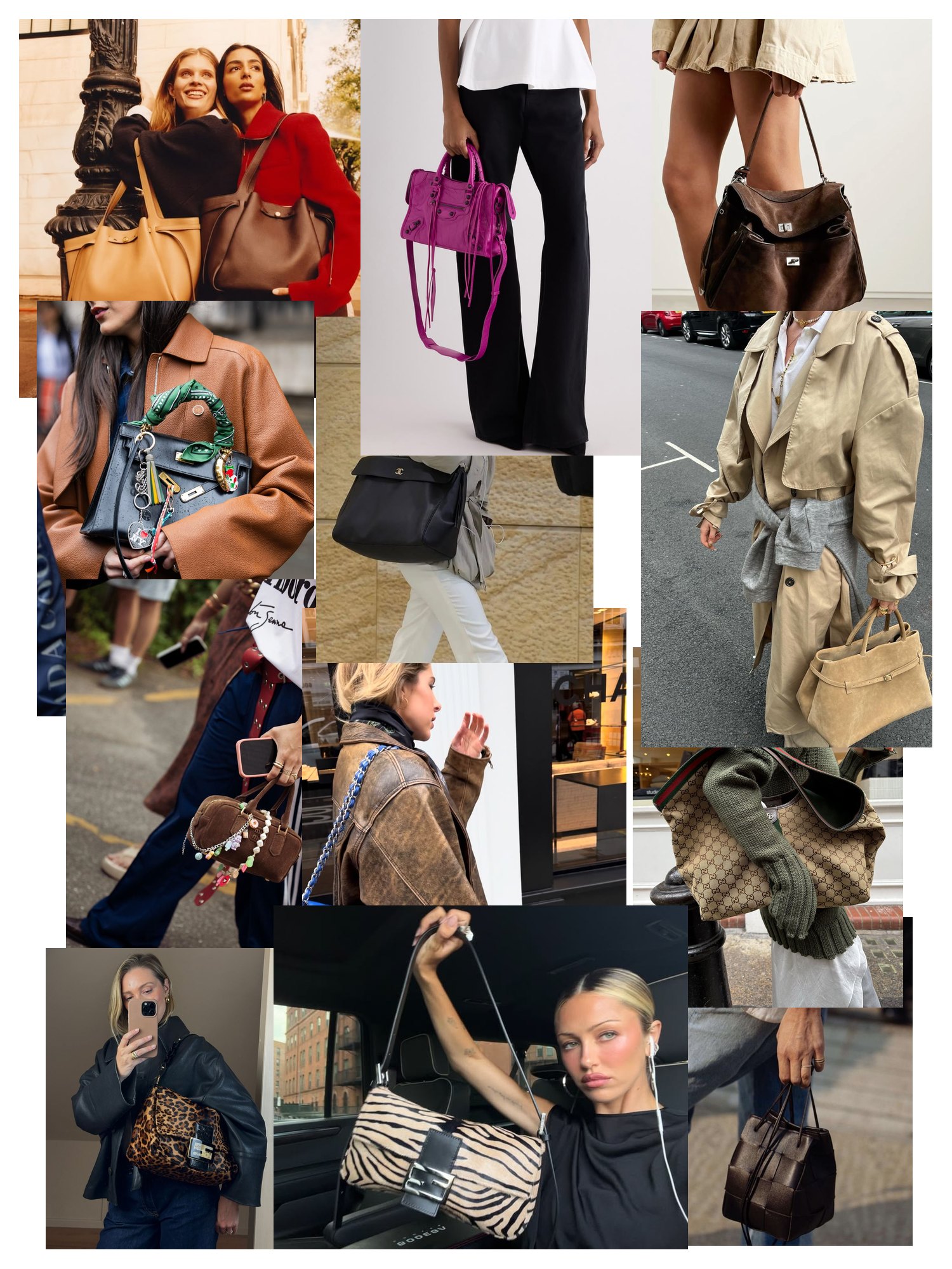 Street-style collage of 12 outfit photos featuring designer bags, scattered and overlapping