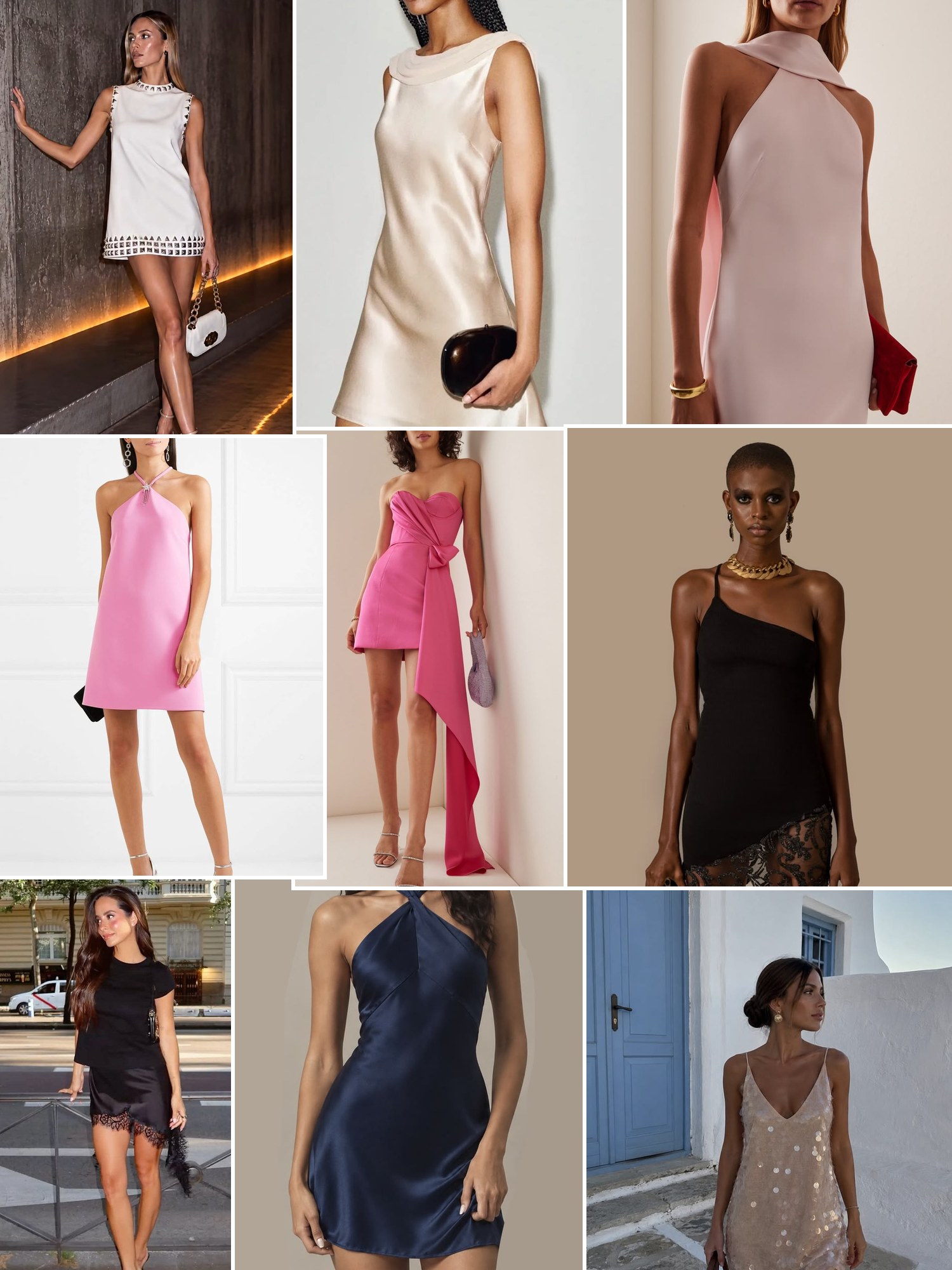 Collage of everyday outfits built around short formal dresses