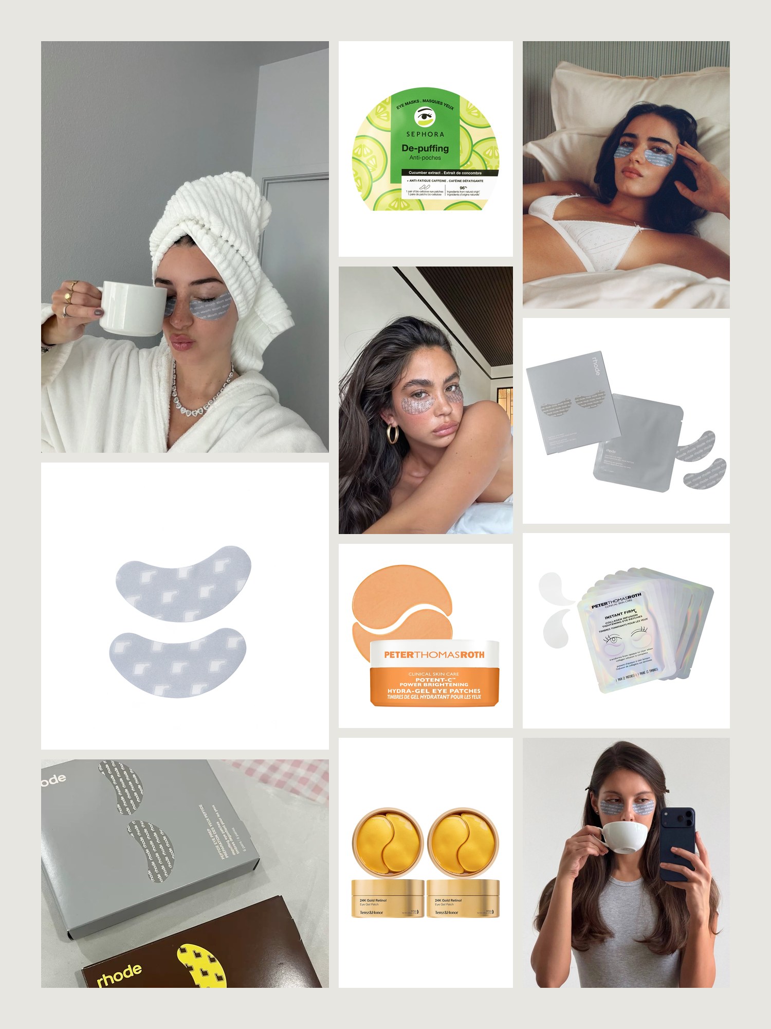 Mood board for rhode Eye Patches: street-style photos, close-up details and product shots from this edit