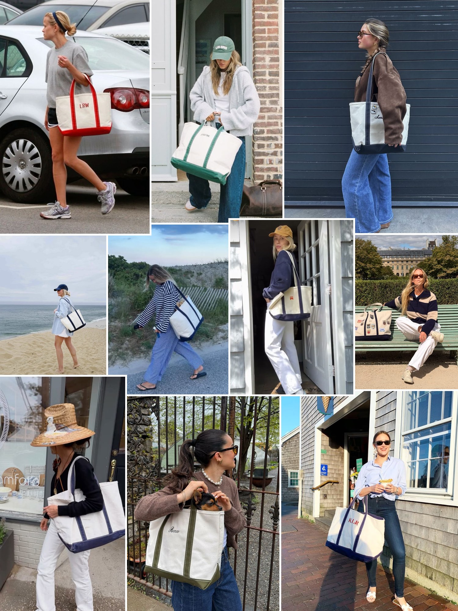 Street style collage of women wearing L.L.Bean tote