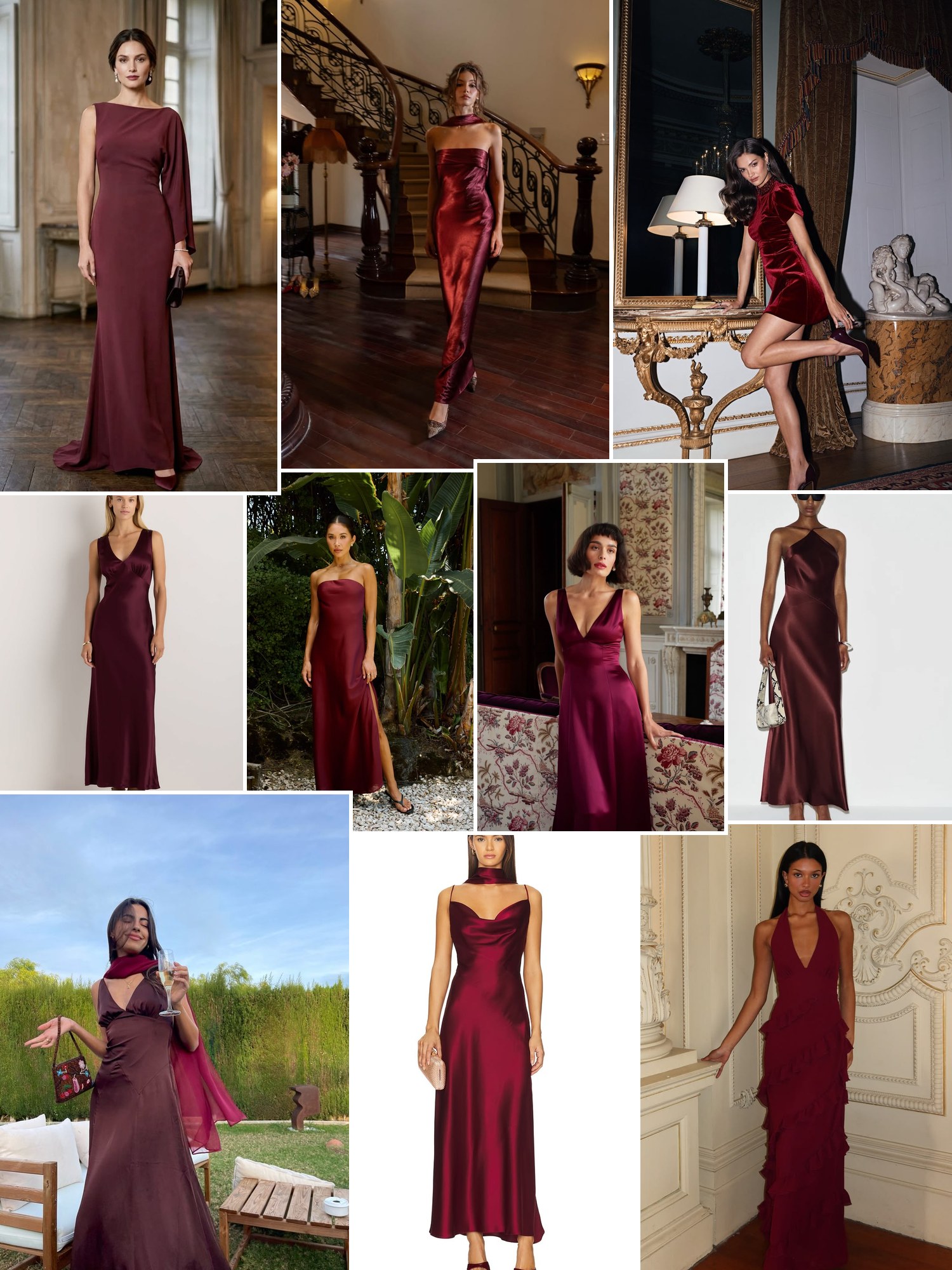Street style collage of women wearing burgundy formal dresses