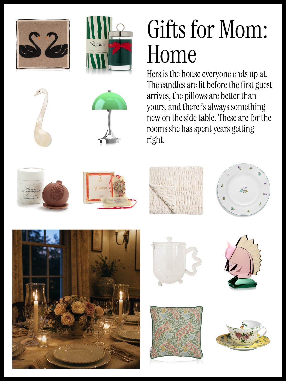 Gifts for Mom: Home collage of scented candles, embroidered pillows, painted china and stationery