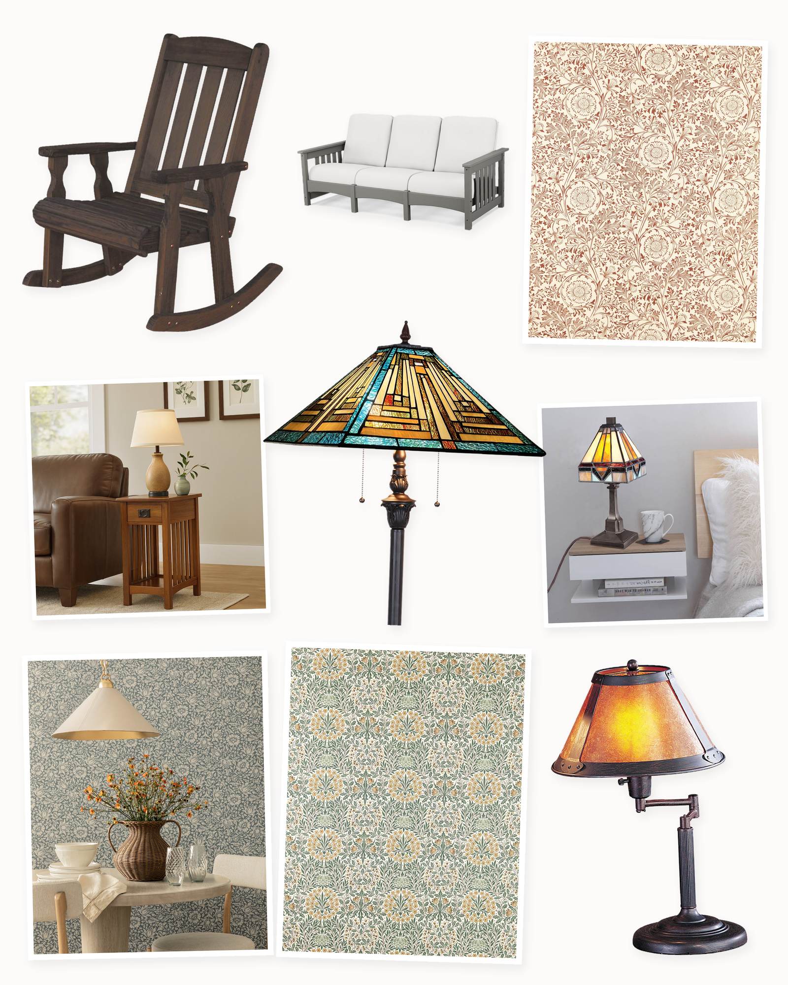 Collage on an off-white background showing Club Mission Sofa, Rust Swing Arm Mica Desk Lamp, Chamomile Linen Blend Fabric by Morris & Co., Heavy Duty 600 Lb Mission Treated Rocking Chair, Mission Style Tiffany Floor Lamp, Morris & Co. x McGee & Co. Mallow Wallpaper, Mission Impeccable Side Table, Fine Art Lighting Stained Glass Mini Table Lamp and Daisy & Oak Linen Blend Fabric by Morris & Co..