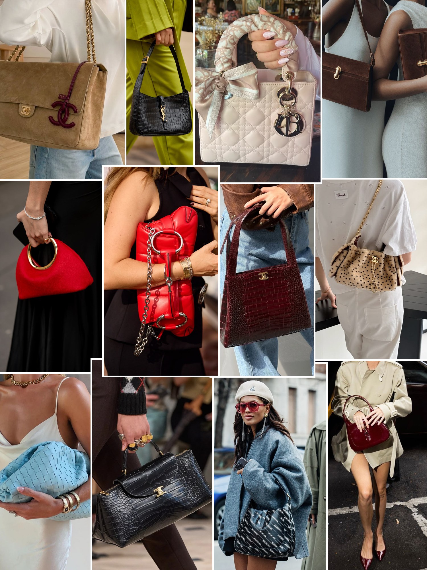 Collage of iconic designer bags styled