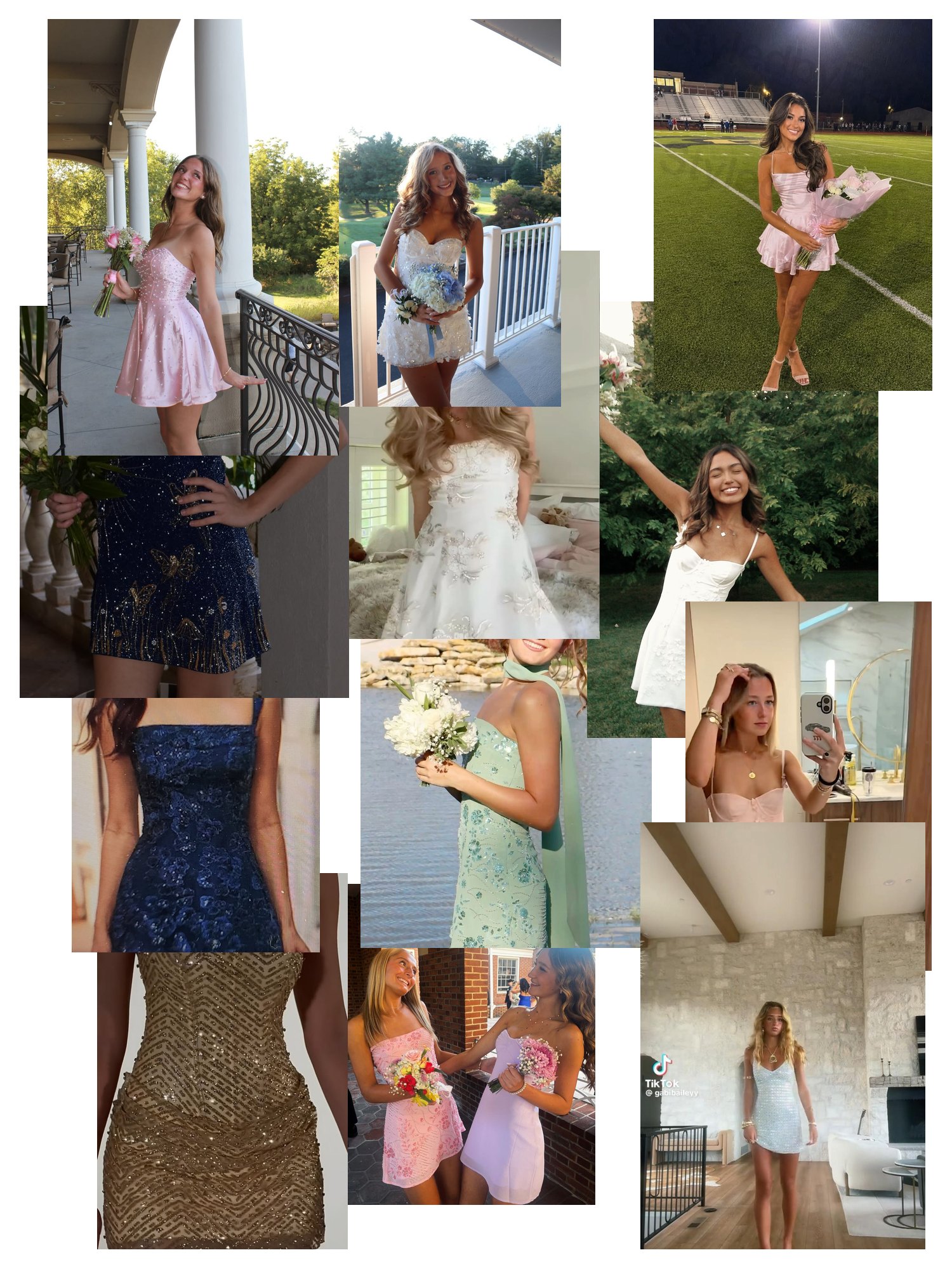 Street-style collage of 12 outfit photos featuring homecoming dresses, scattered and overlapping