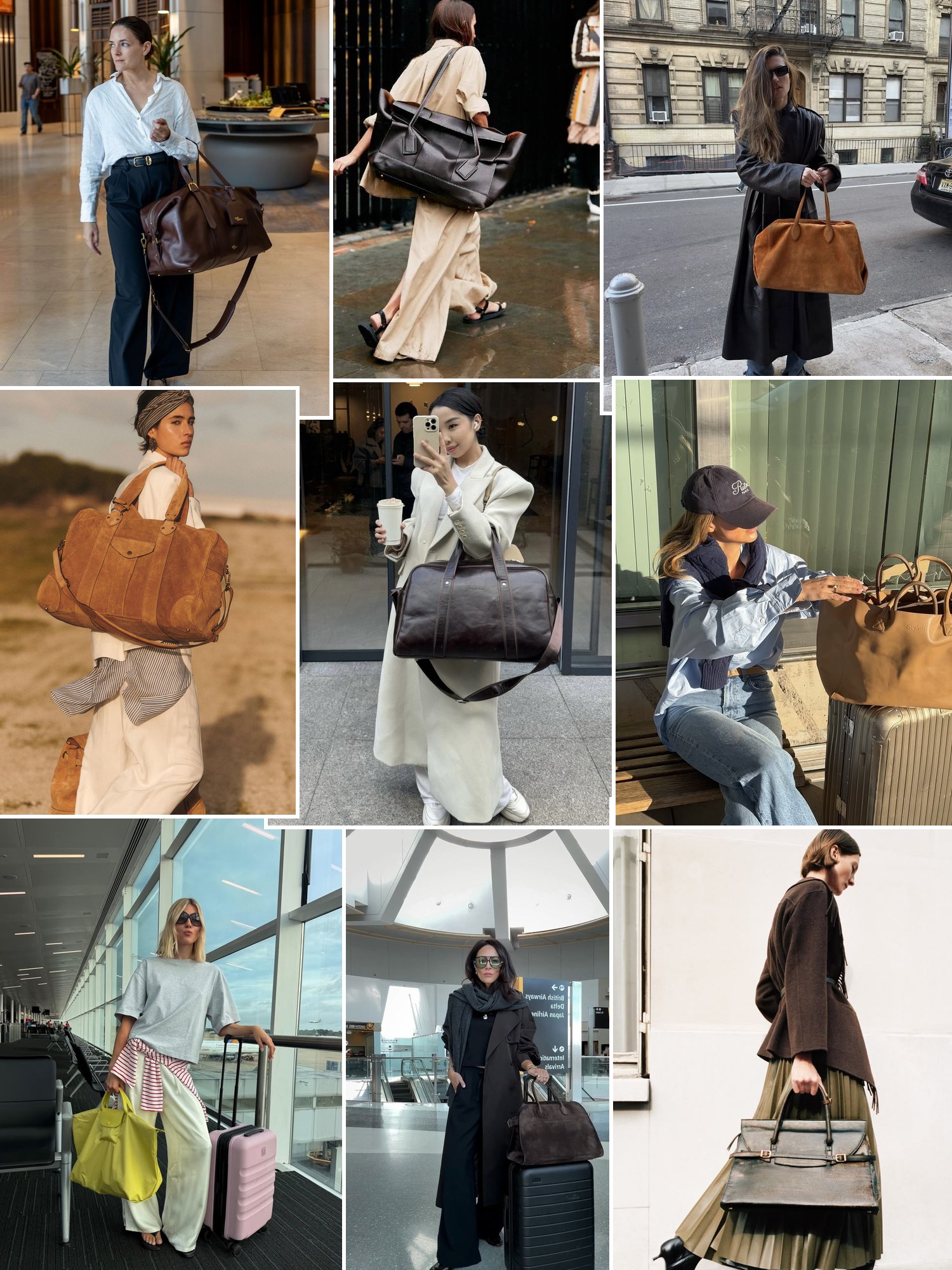 Collage of weekend outfits carried with duffle bags