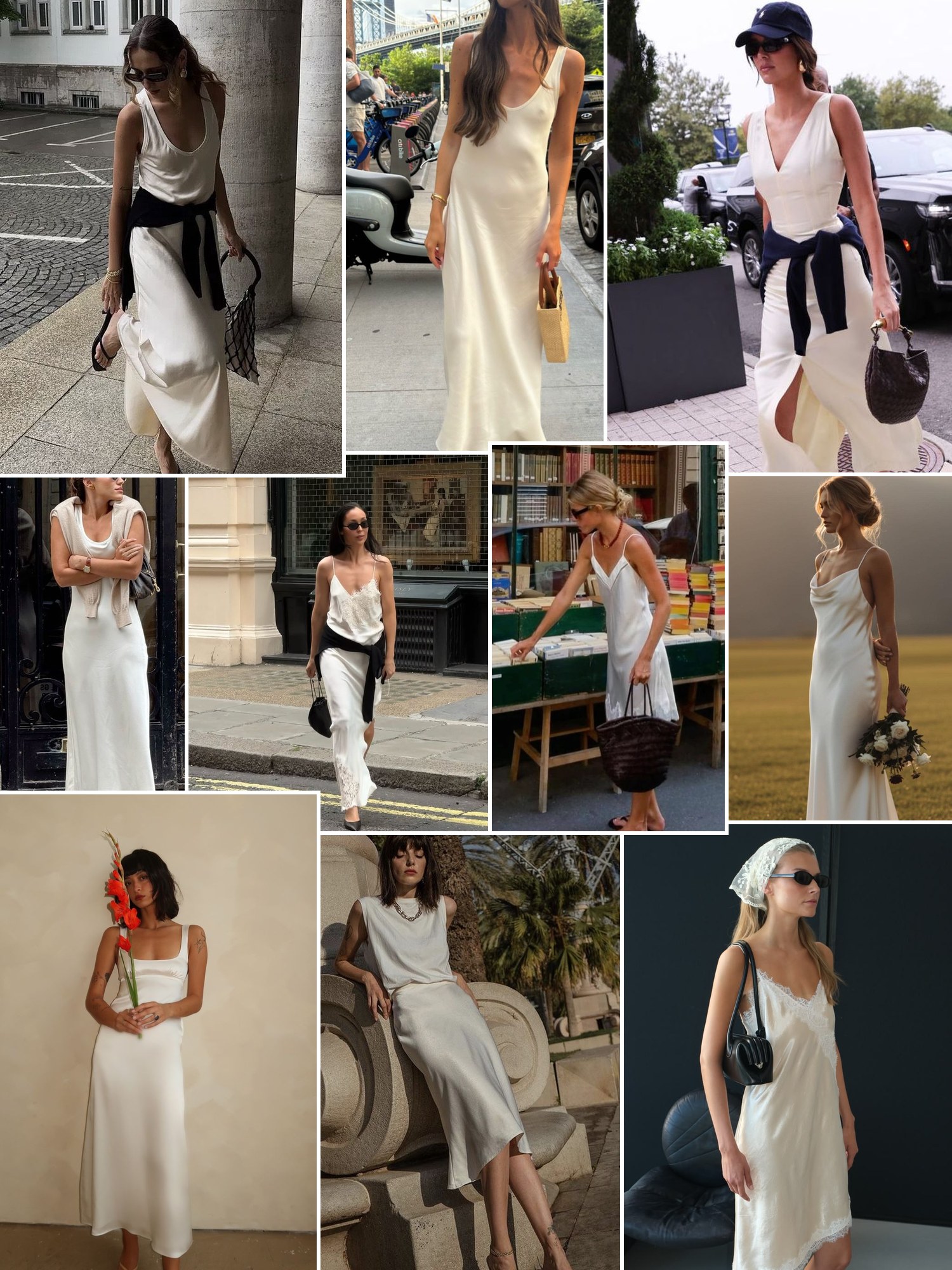Collage of white satin dresses, midi to gown
