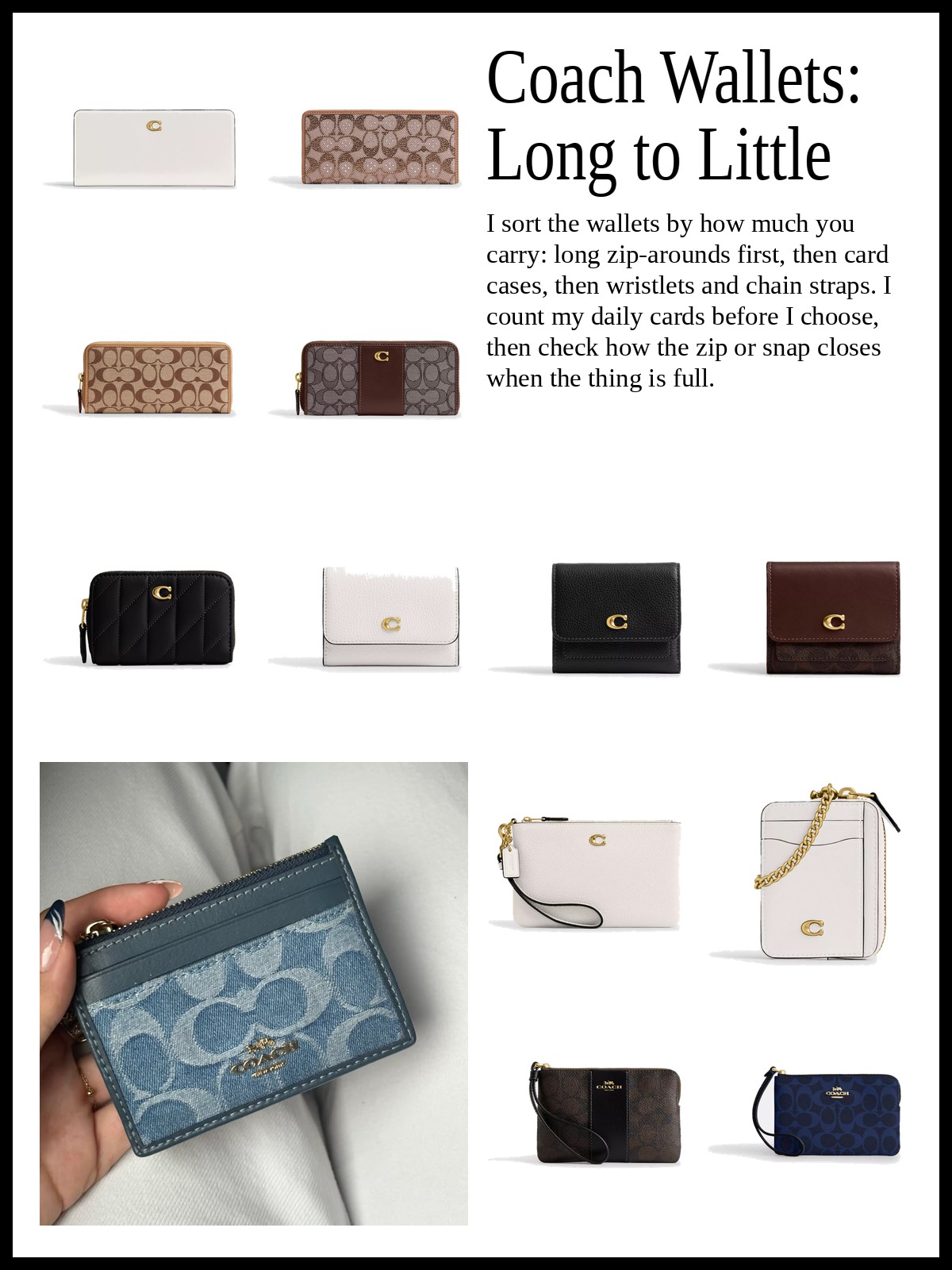 Collage of long and zip-around wallets, card cases and small flap wallets, and wristlets and chain-strap card cases, and a mood photo of a denim signature card case held in hand