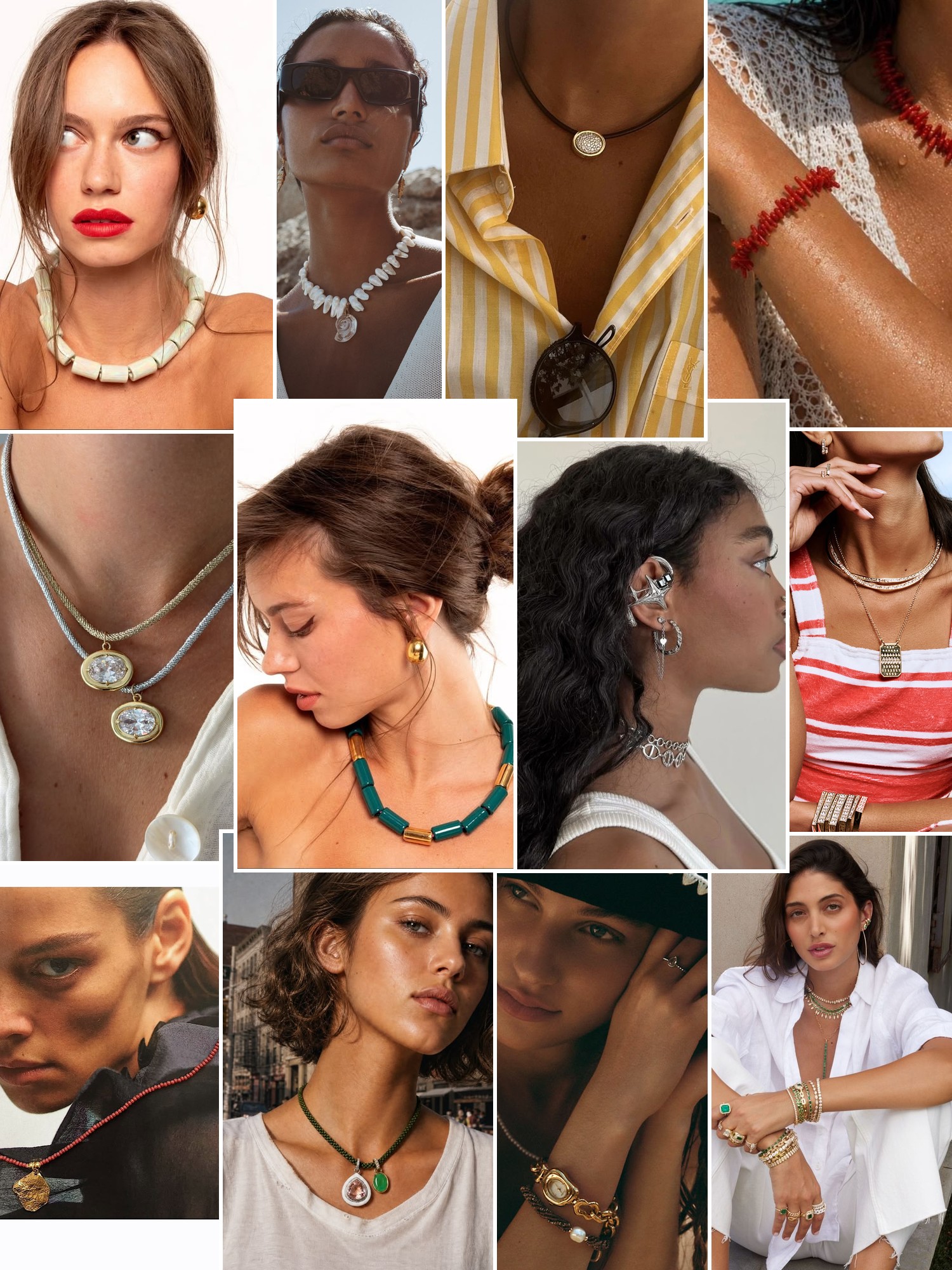Collage of rings, earrings and layered necklaces worn up close, in the spirit of CANO