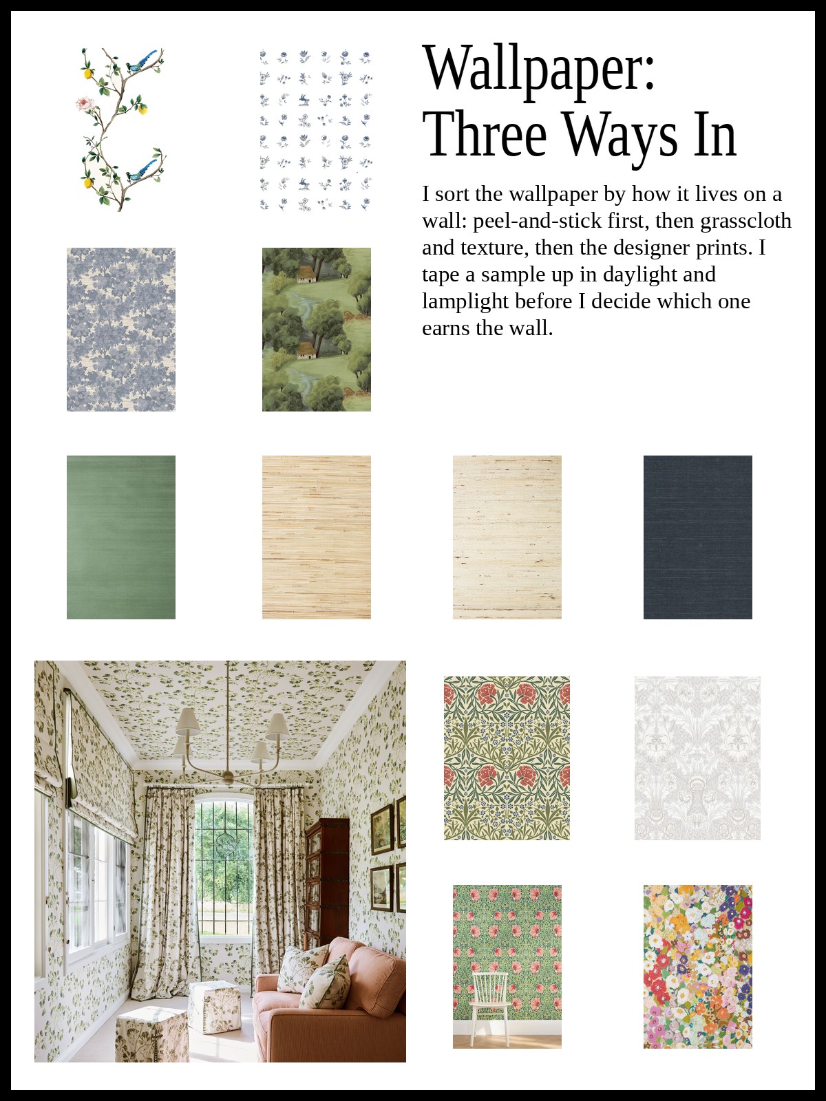 Collage of peel-and-stick toile, floral and tile rolls, natural and printed grasscloth rolls, and designer floral and botanical prints, plus a mood photo of a living room with walls and ceiling papered in a green floral
