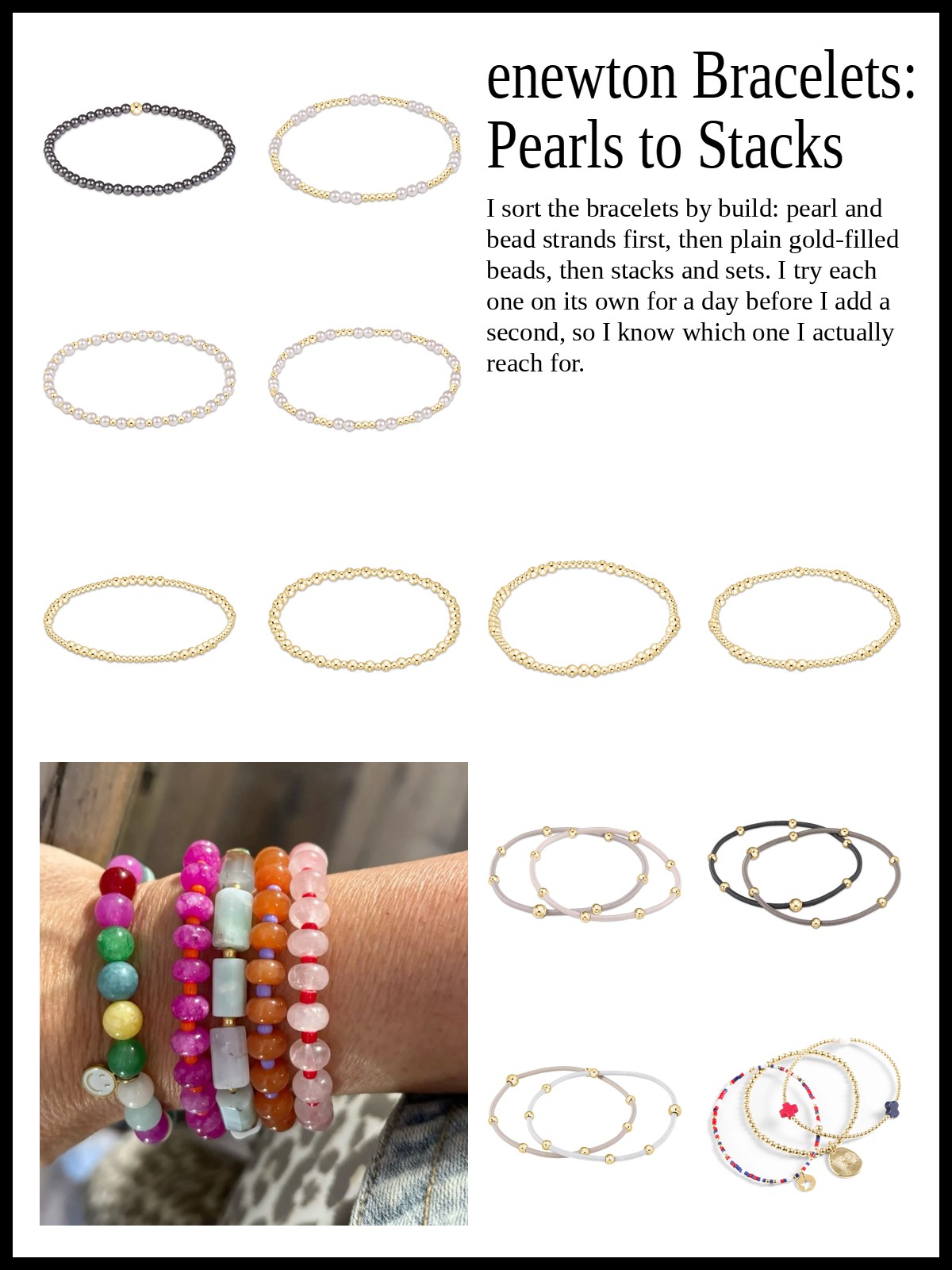 Collage of pearl and bead stretch bracelets, 14kt gold-filled bead bracelets, and bracelet stacks and sets, and a mood photo of a stack of colorful beaded bracelets