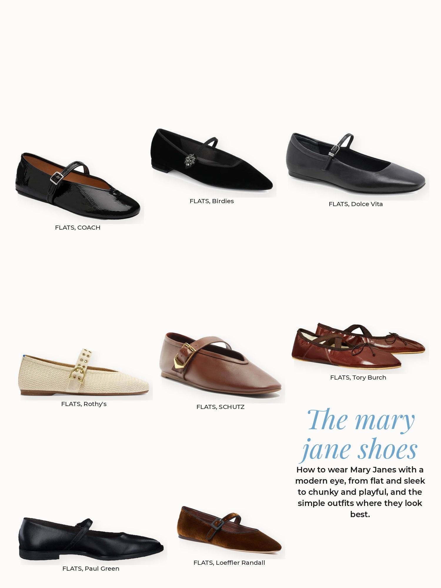 Mary jane shoes collage: Birdies, COACH, Dolce Vita, Loeffler Randall, Paul Green, Rothy's, SCHUTZ, Tory Burch