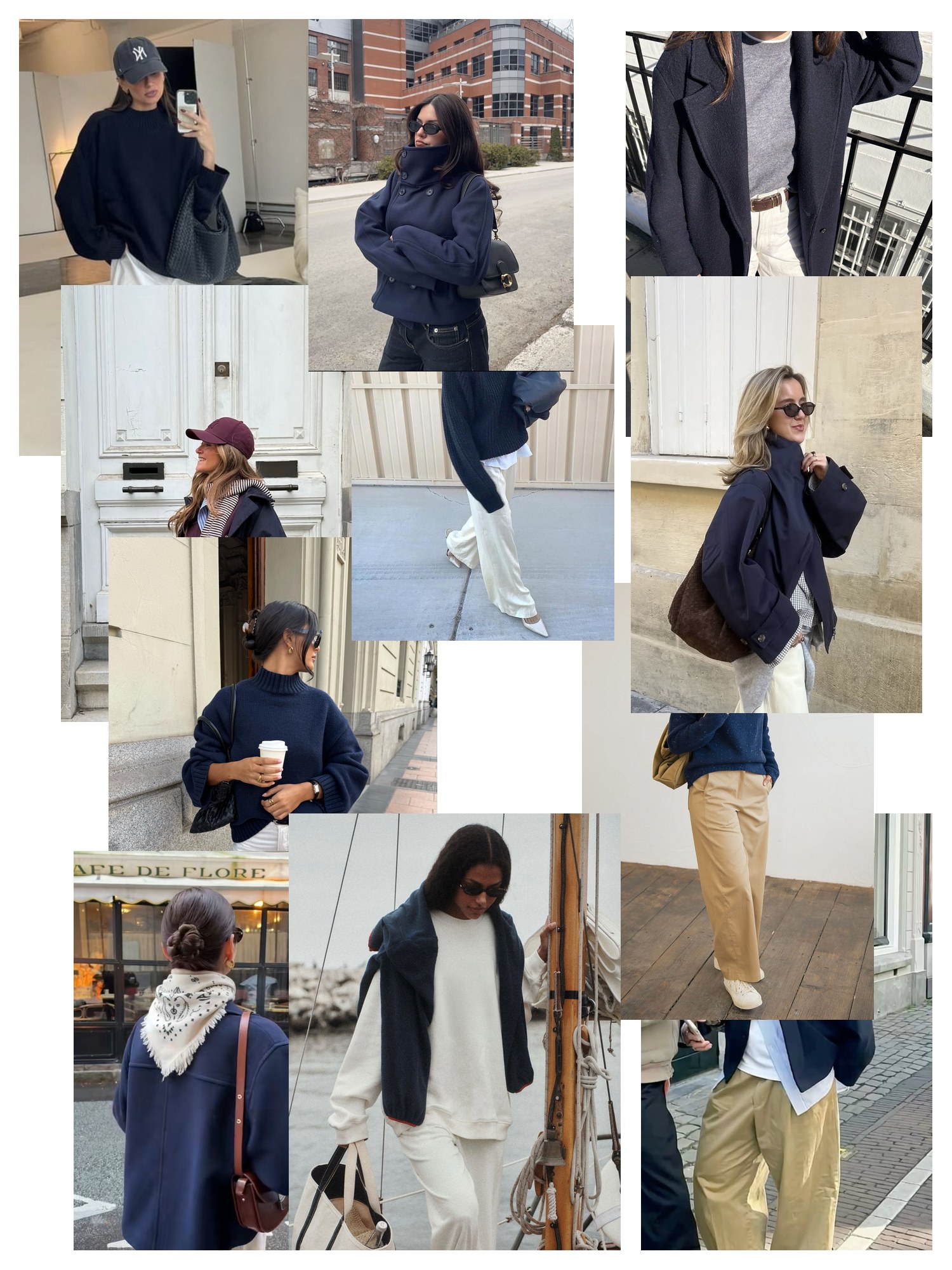 Collage of eleven street-style photos of women wearing navy and cream outfits, scattered and overlapping on white