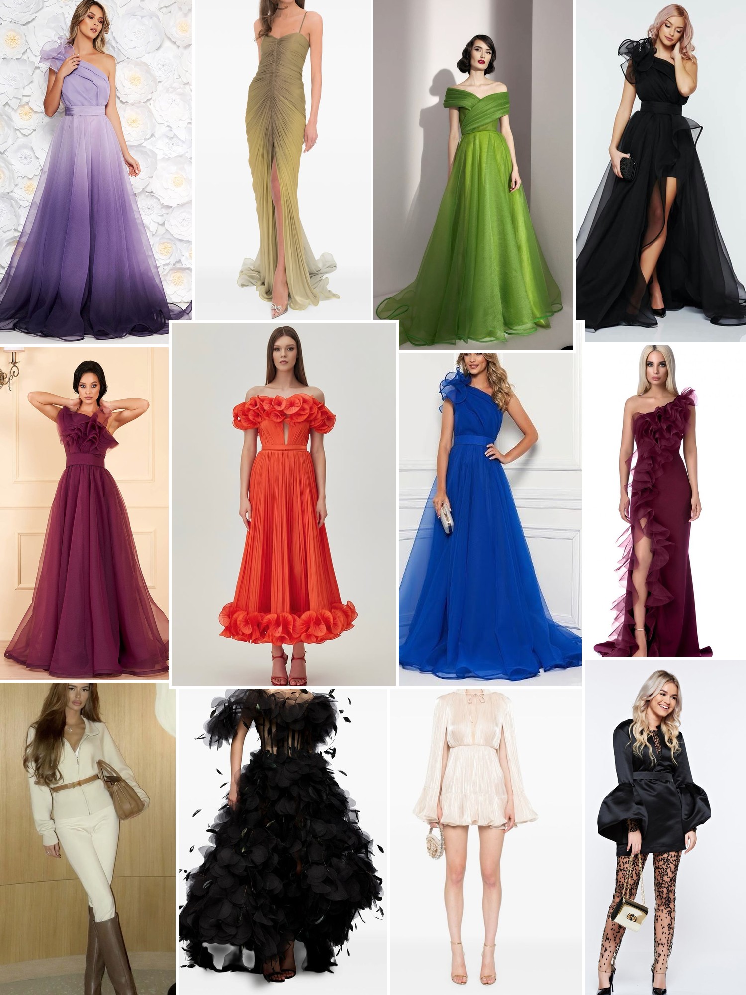 Collage of evening gowns in lavender, green, plum, blue, ivory, and black with flowing tulle and ruffles.
