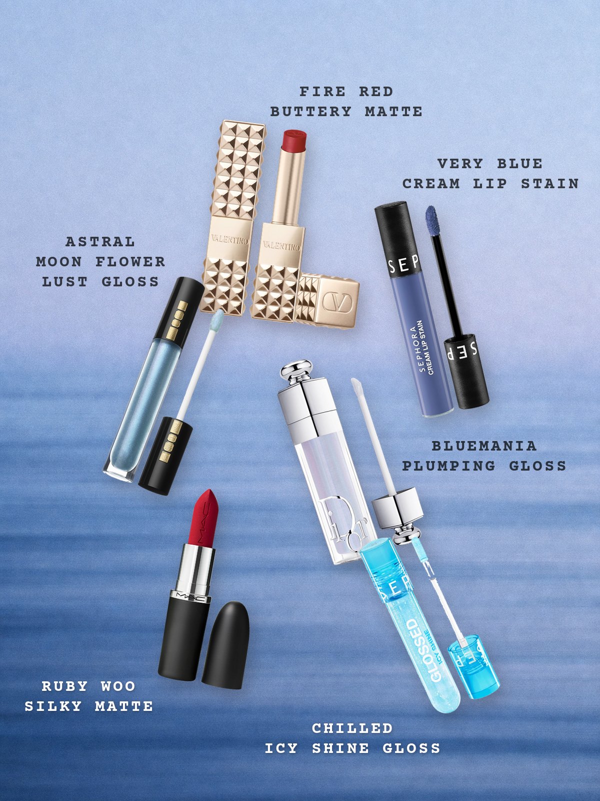 Floating collage of Valentino Fire Red, Sephora Collection Cream Lip Stain in Very Blue, Pat McGrath Labs Lust Gloss in Astral Moon Flower, Dior Addict Lip Maximizer in Bluemania, MAC Ruby Woo and Sephora Collection Glossed Icy Shine over an icy blue sky and sea