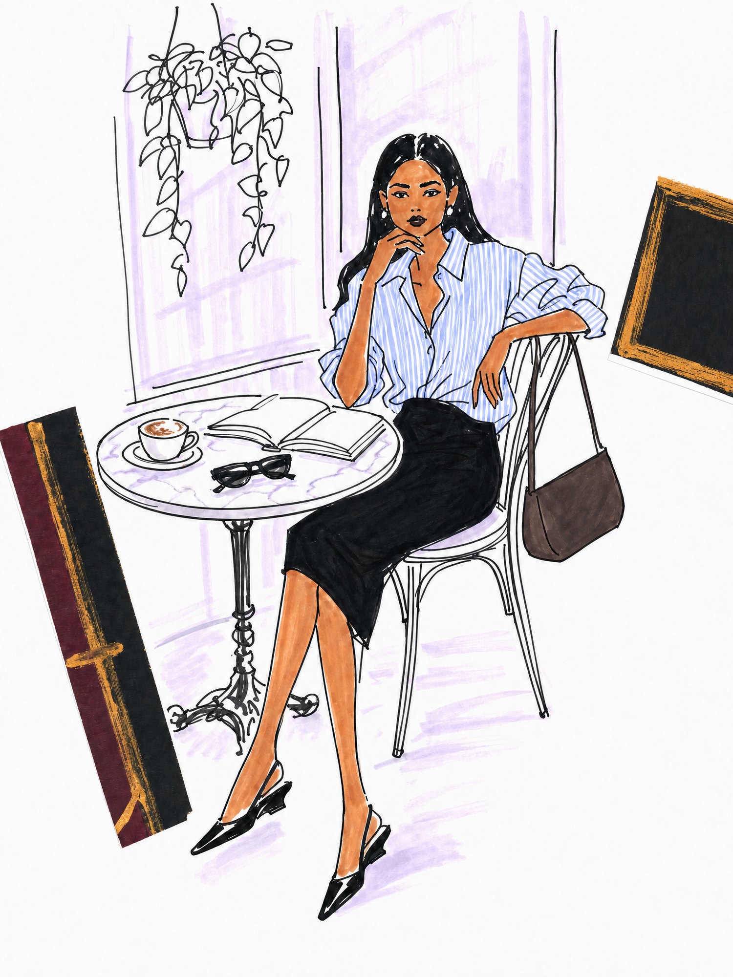 Illustration of a woman at a cafe window table in a blue striped shirt, black jersey pencil skirt and black patent slingbacks