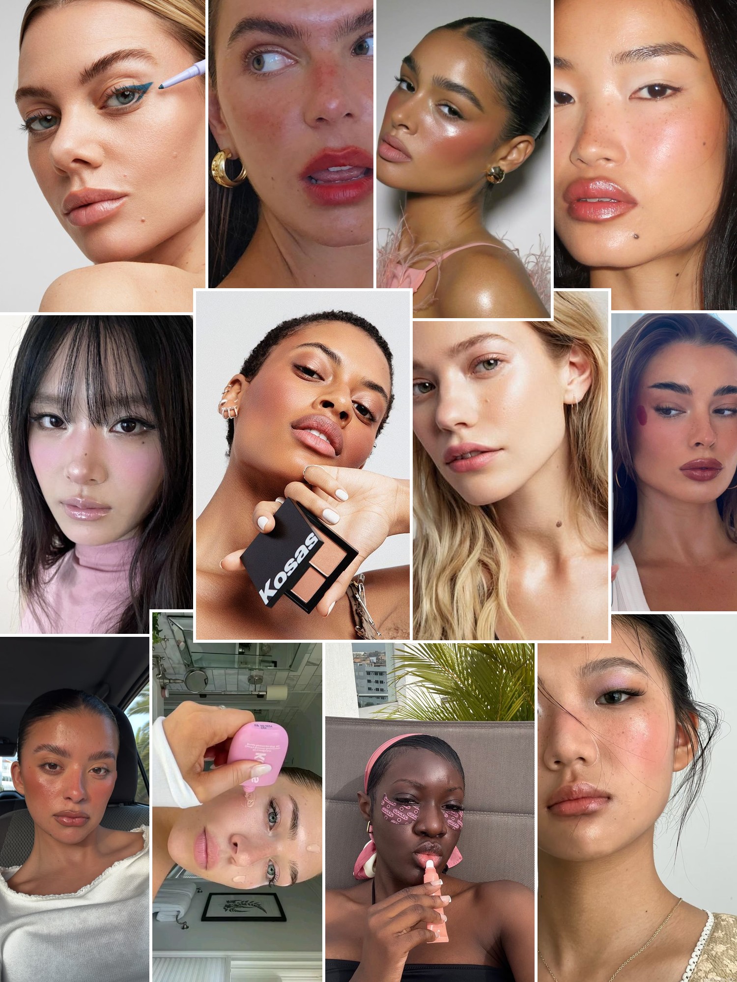 Collage of glowing skin, soft lip color, eye makeup and fresh beauty portraits