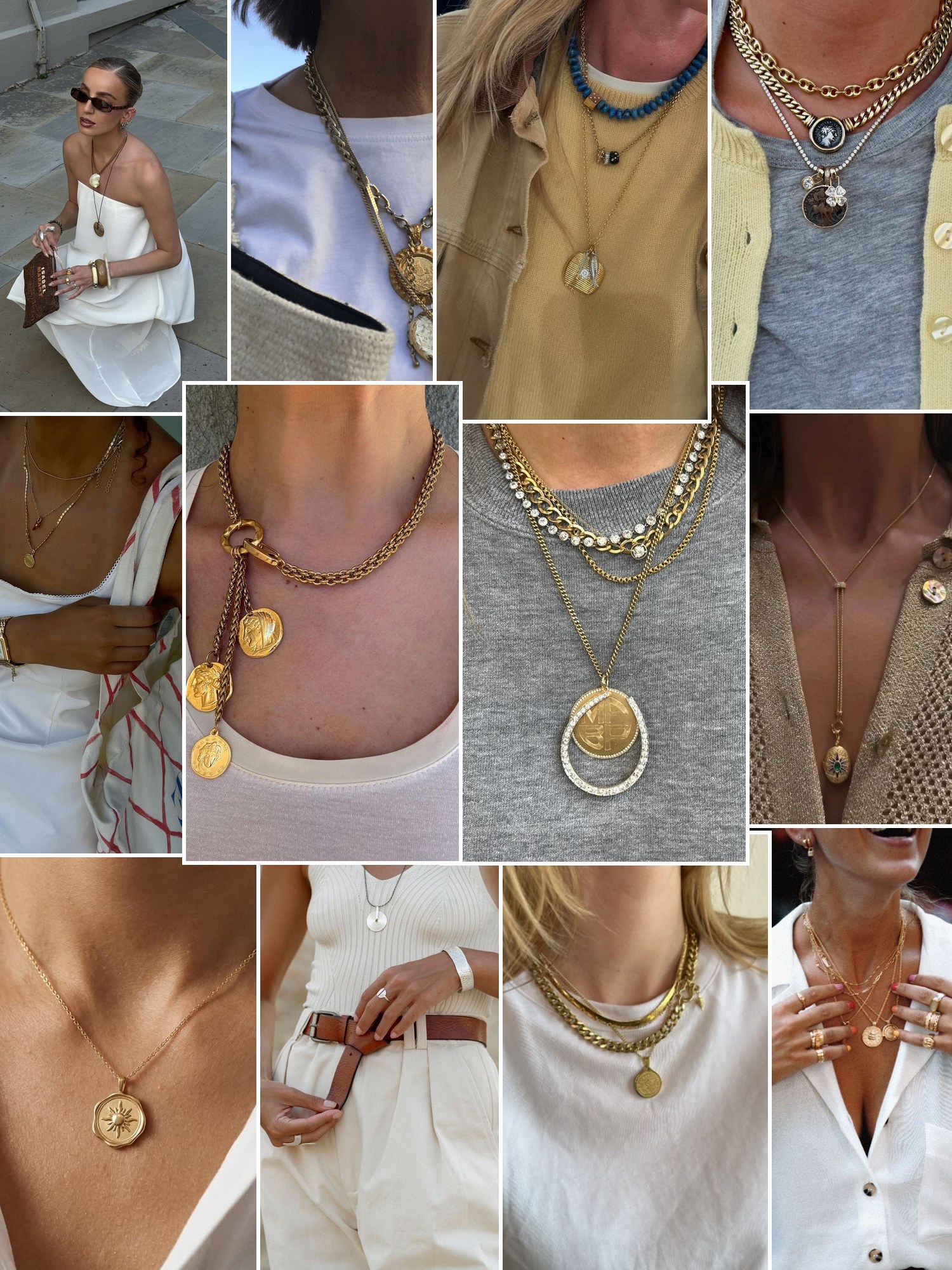 Street style collage of women wearing coin necklace