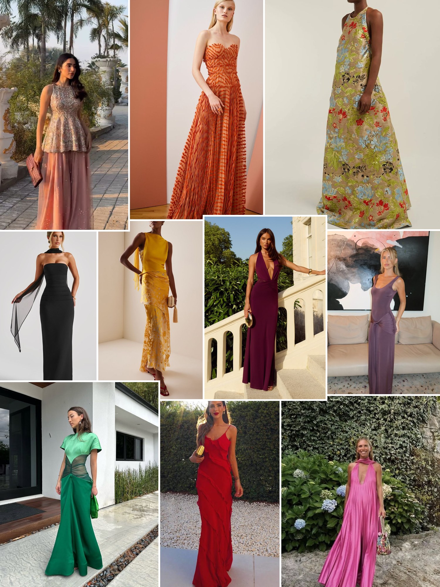 Street style collage of women wearing evening wedding guest dresses