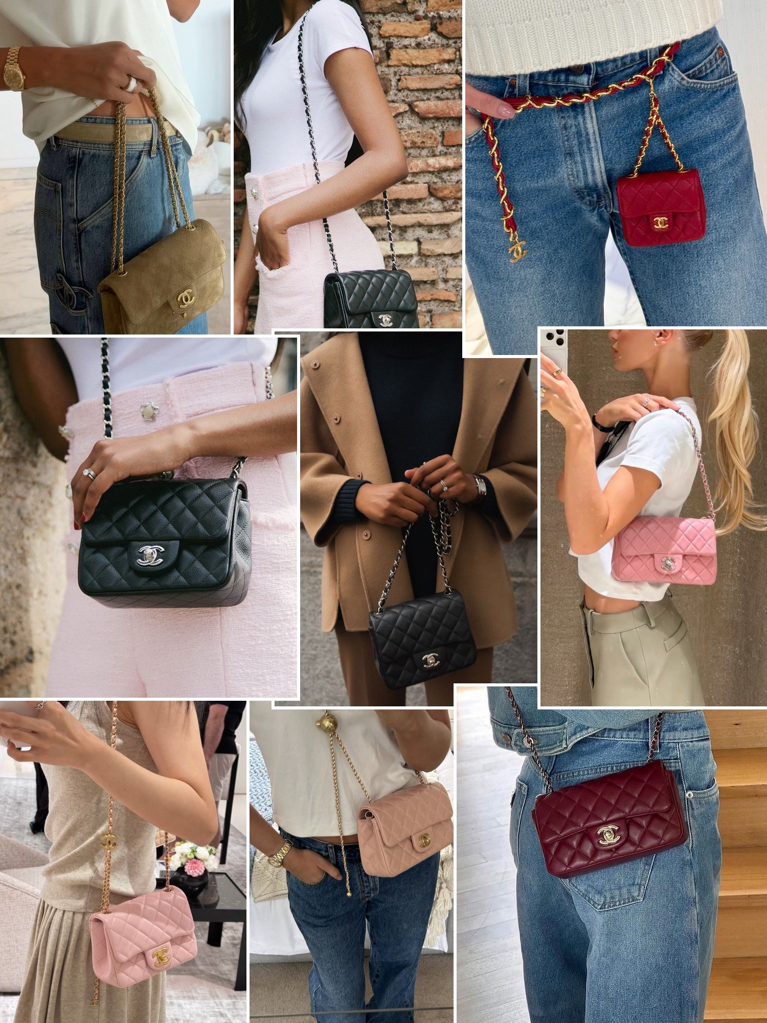 Collage of outfits built around a small quilted Chanel bag