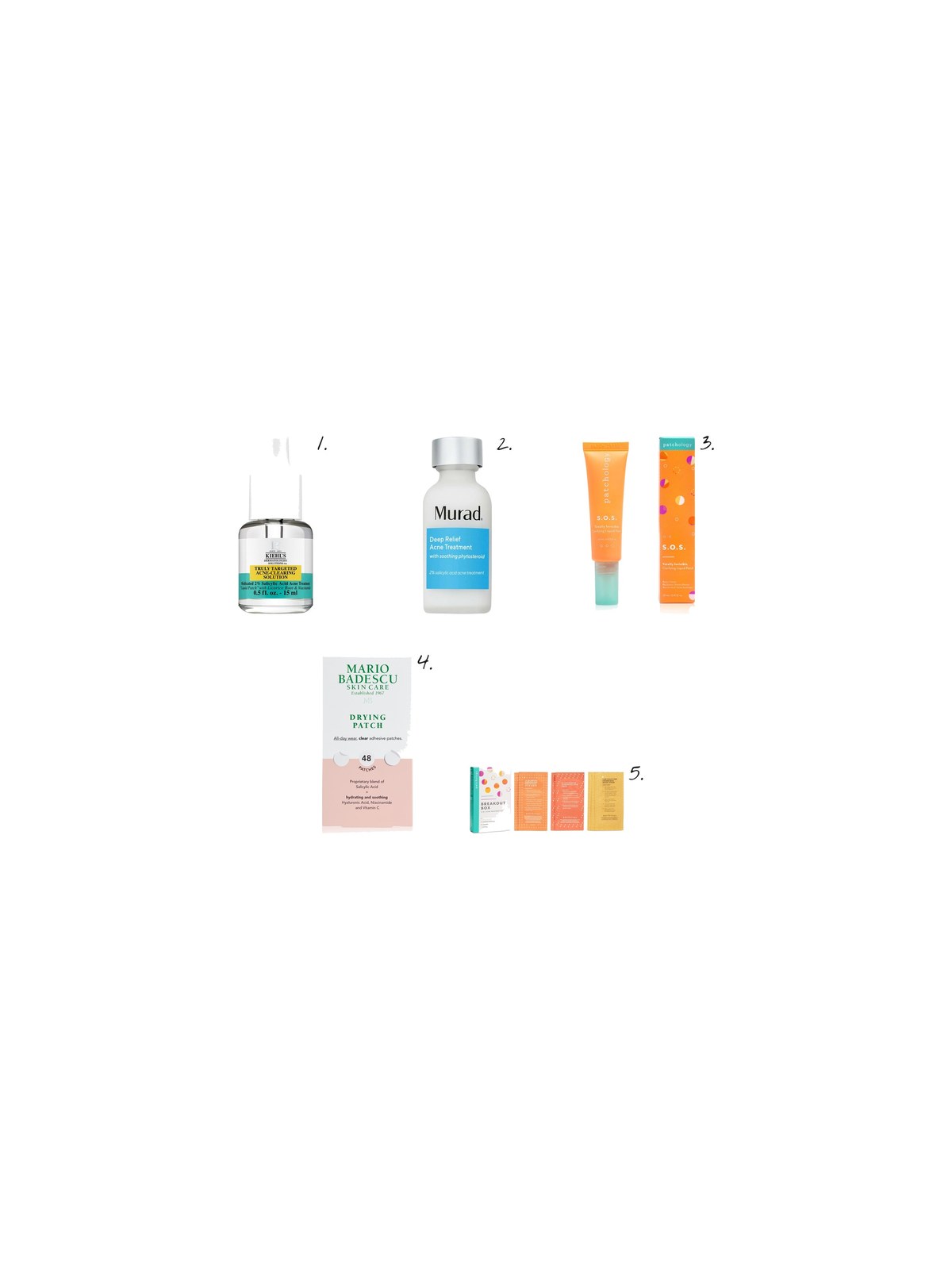 Numbered collage: 1. Kiehl's Since 1851 Truly Targeted Acne-Clearing Liquid Pimple Patch with Salicylic Acid; 2. Murad Deep Relief Acne Treatment with Salicylic Acid Liquid Pimple Patch for Painful Acne; 3. Patchology S.O.S. Totally Invisible Clarifying Liquid Patch 0.67 oz.; 4. Mario Badescu Drying Patch; 5. Patchology Breakout Box 3 in 1 Acne Treatment Kit