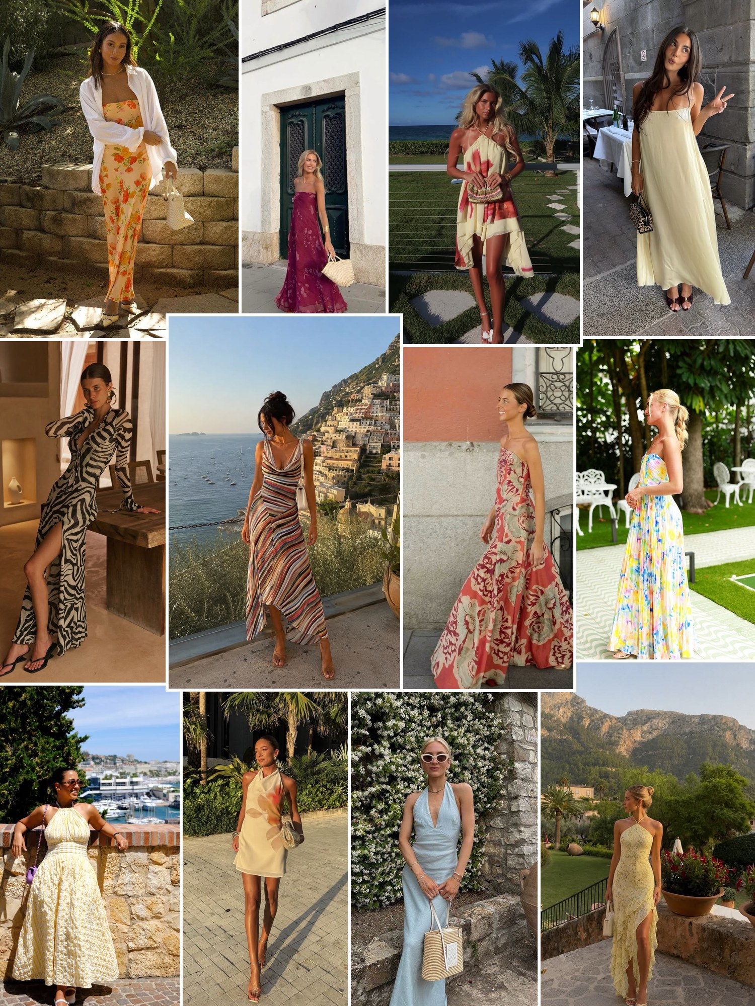 Collage of printed maxi and halter sundresses