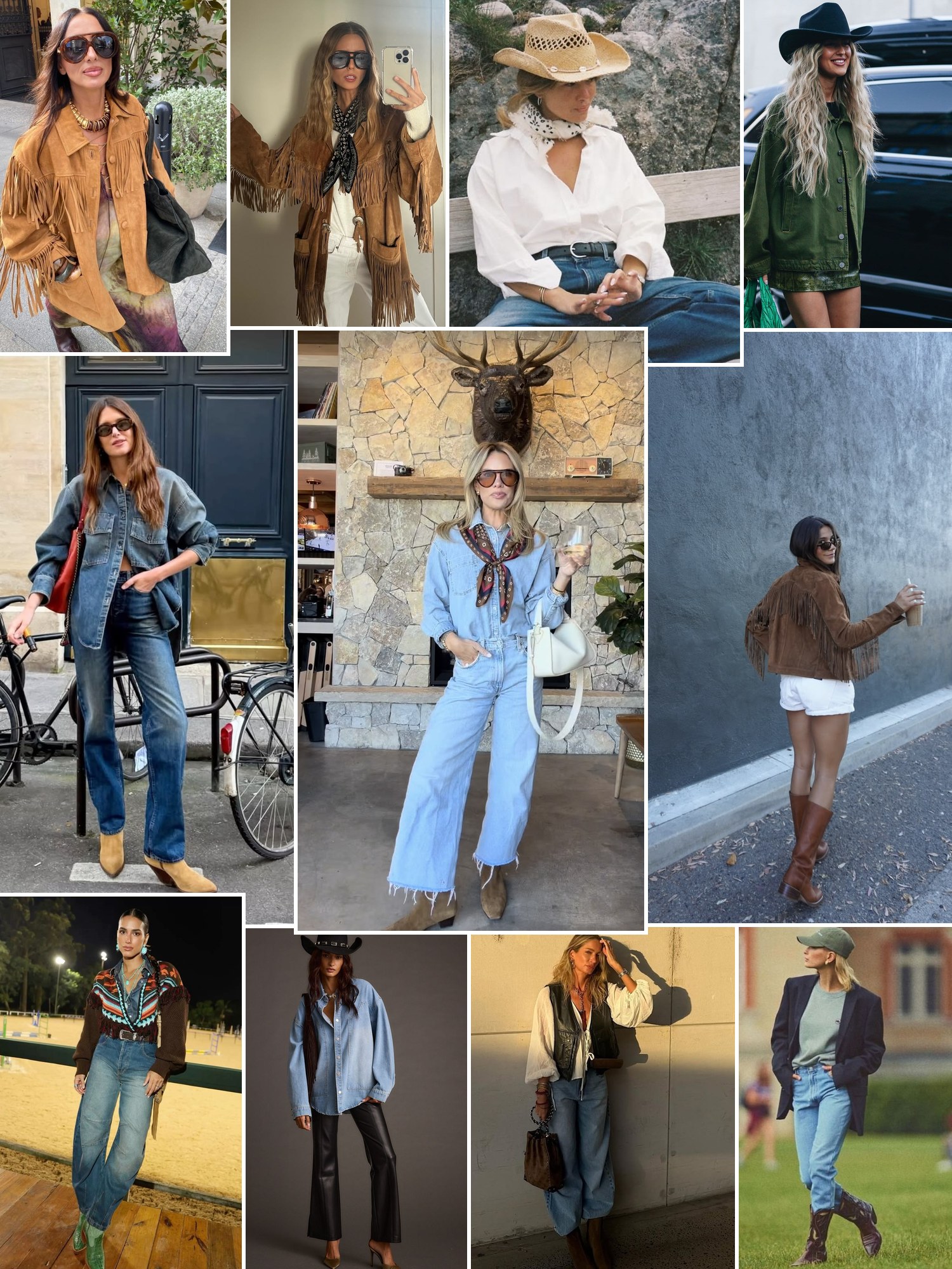 Street style collage of western outfits with cowboy boots