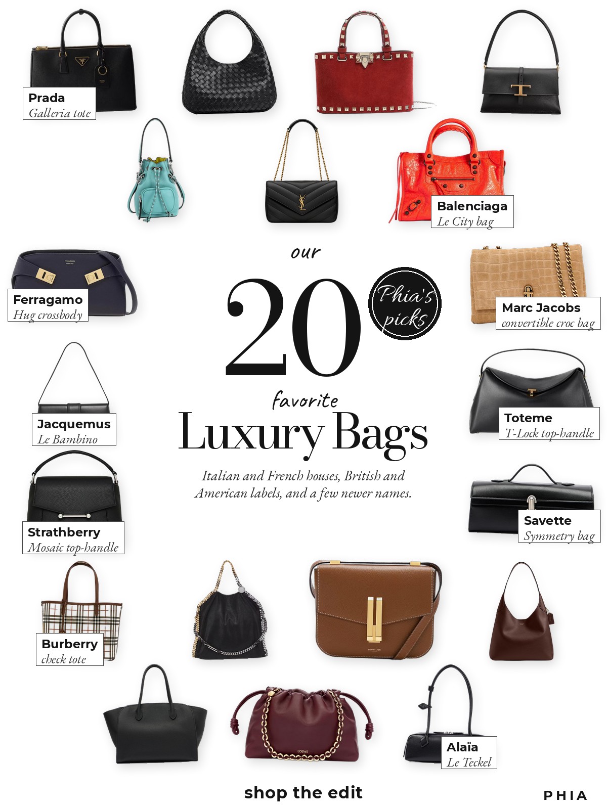Collage of 20 pieces for luxury purse brands