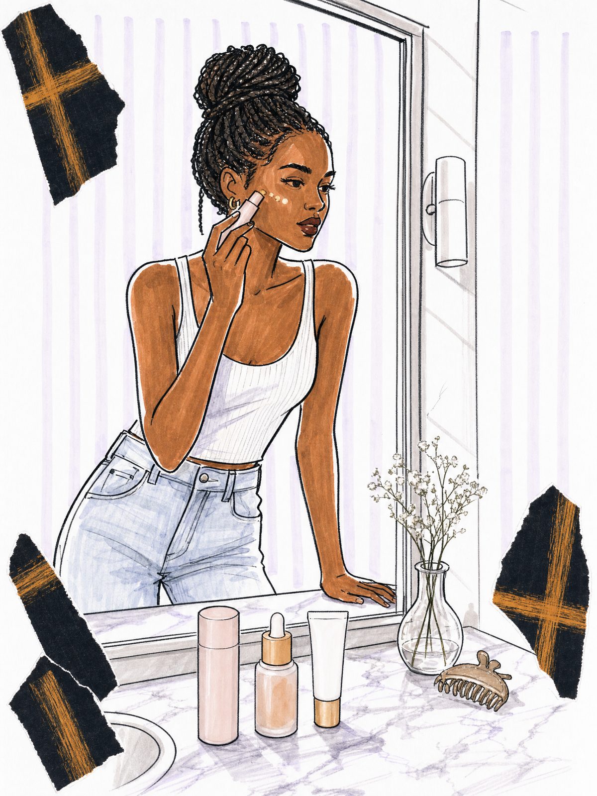 Illustration of a woman with box braids in a white ribbed tank and light jeans dotting skin tint onto her cheek from a pink foundation stick at a bathroom mirror, with a skin tint bottle and a white tube on the marble counter