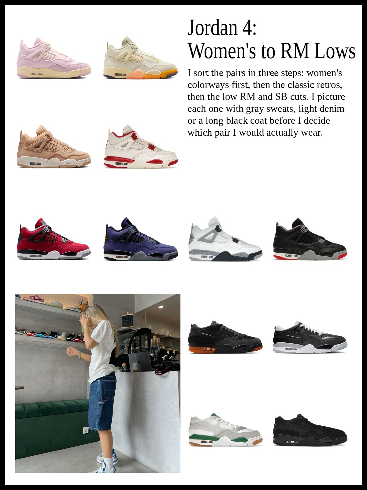 Collage of women's suede and denim-look sneakers, classic leather and nubuck retro sneakers, and low-profile RM and SB sneakers, and a mood photo of a sneaker shopper in a white tee and jean shorts