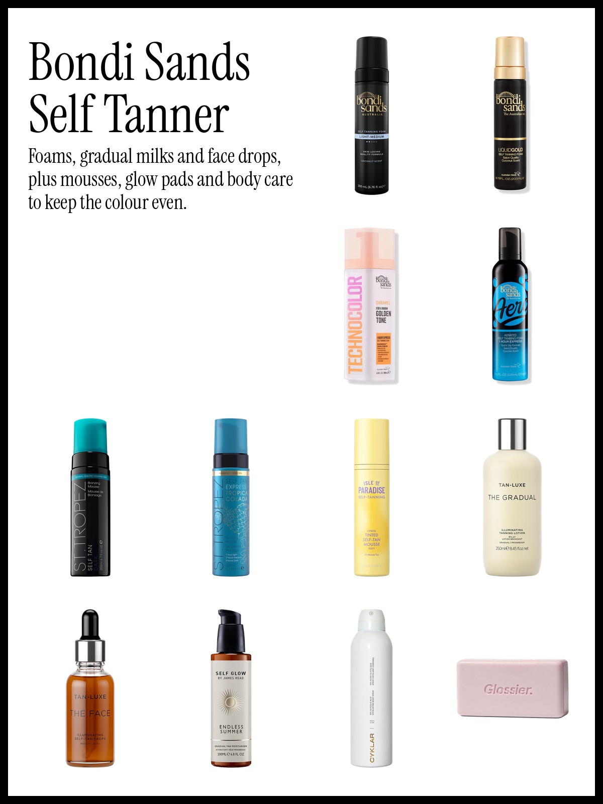 Collage of Bondi Sands Light-Medium Self Tanning Foam, St. Tropez Self Tan Dark Bronzing Mousse and Tan Luxe The Gradual Illuminating Gradual Tan Lotion