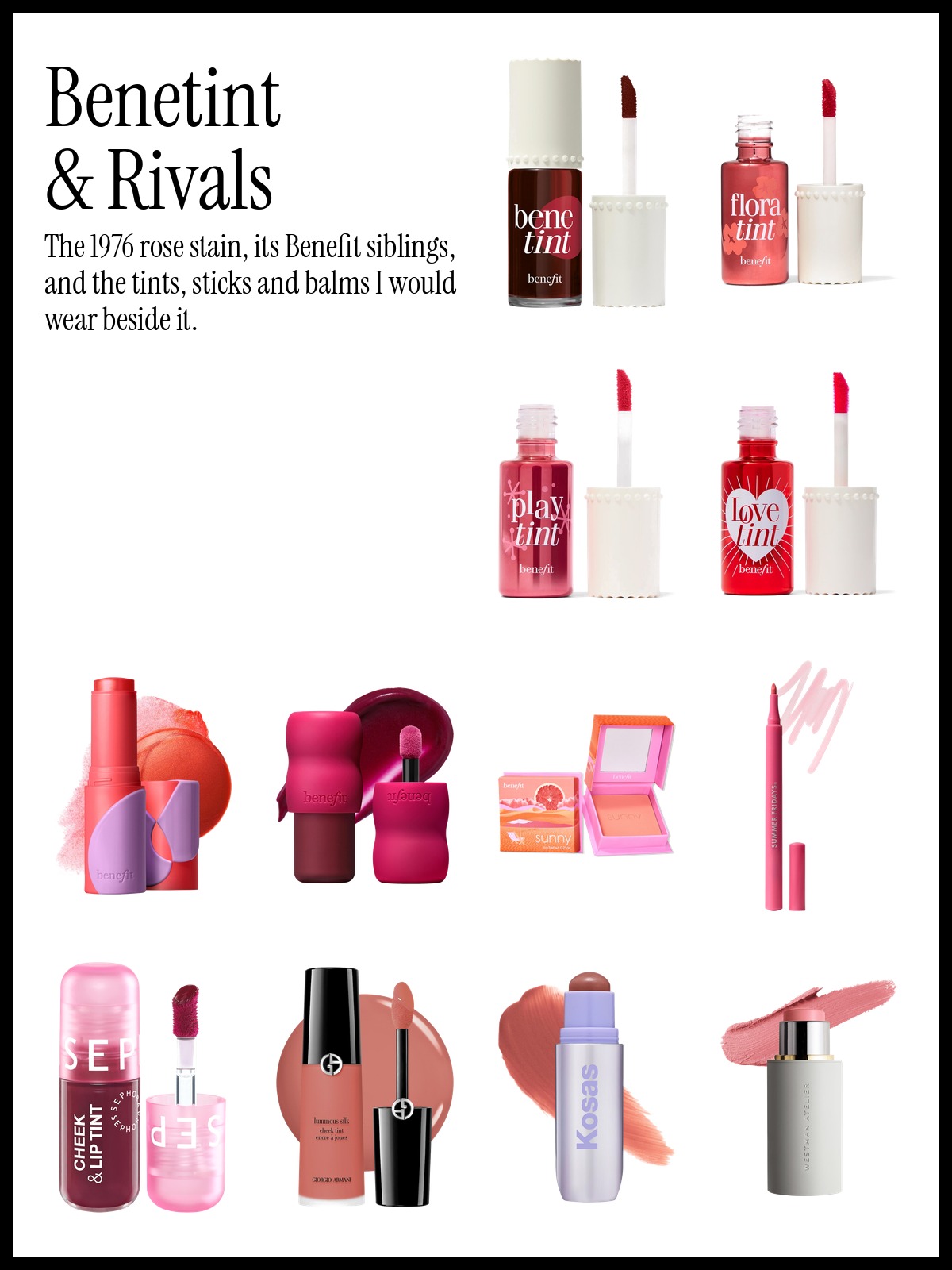 Collage of Benefit Benetint, Floratint and Playtint lip and cheek stains with Benefit Juice Stick blush