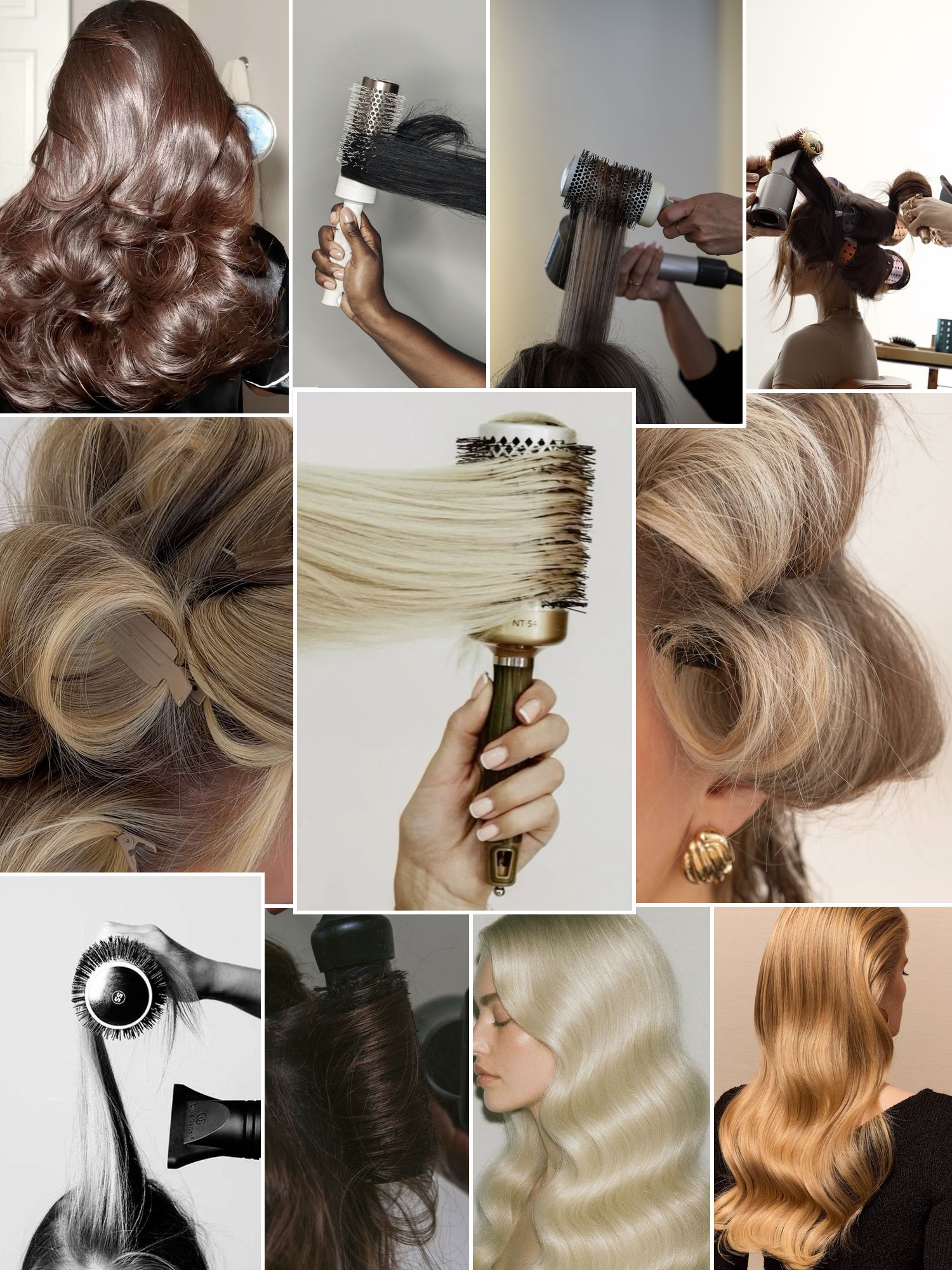 Collage of blow-drying, round brushes and hair close-ups