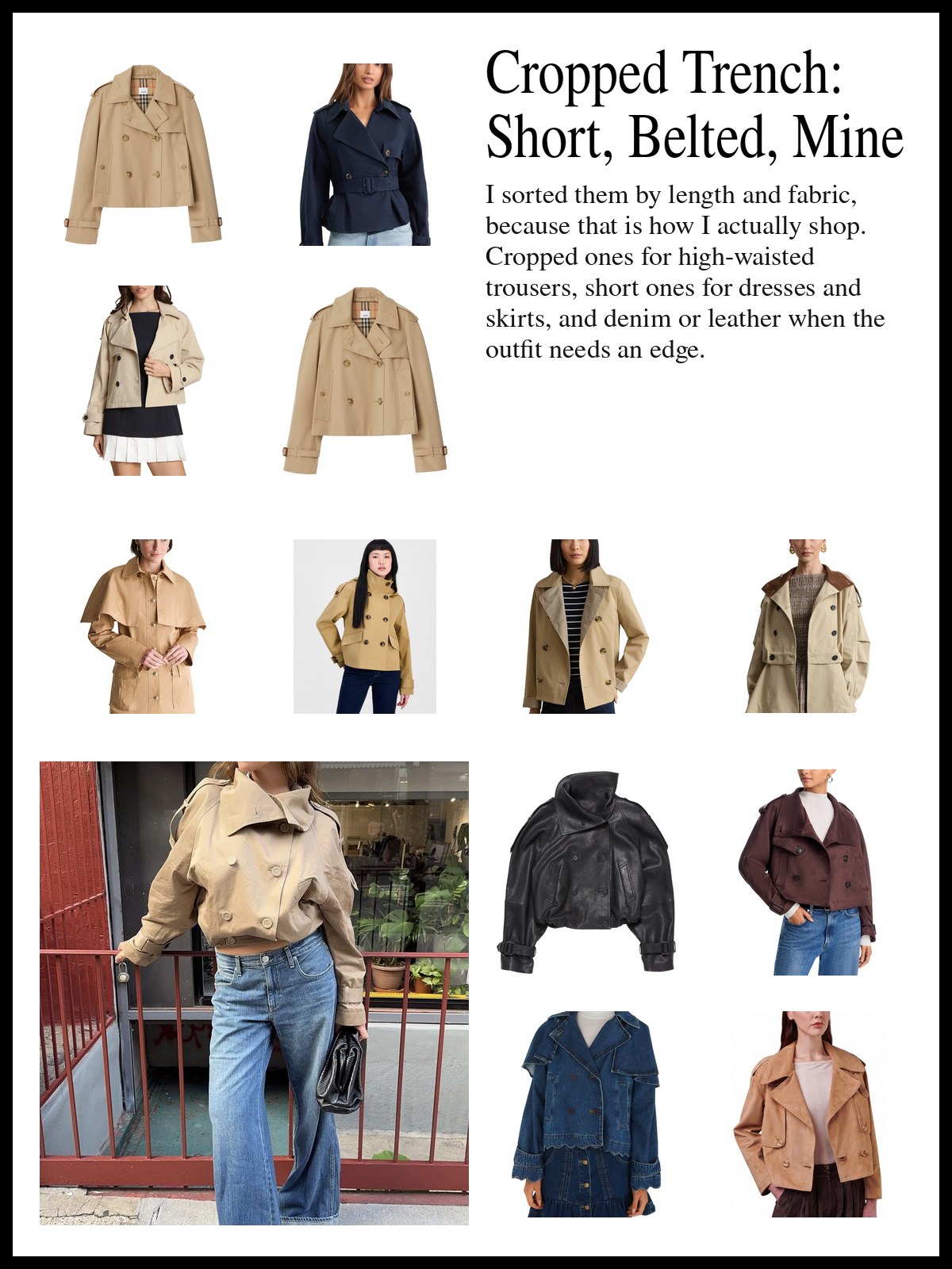 A collage of cropped double-breasted trench jackets, short belted trench coats, a denim trench jacket and a leather trench coat, and a mood photo of a woman in a short beige trench and wide jeans.