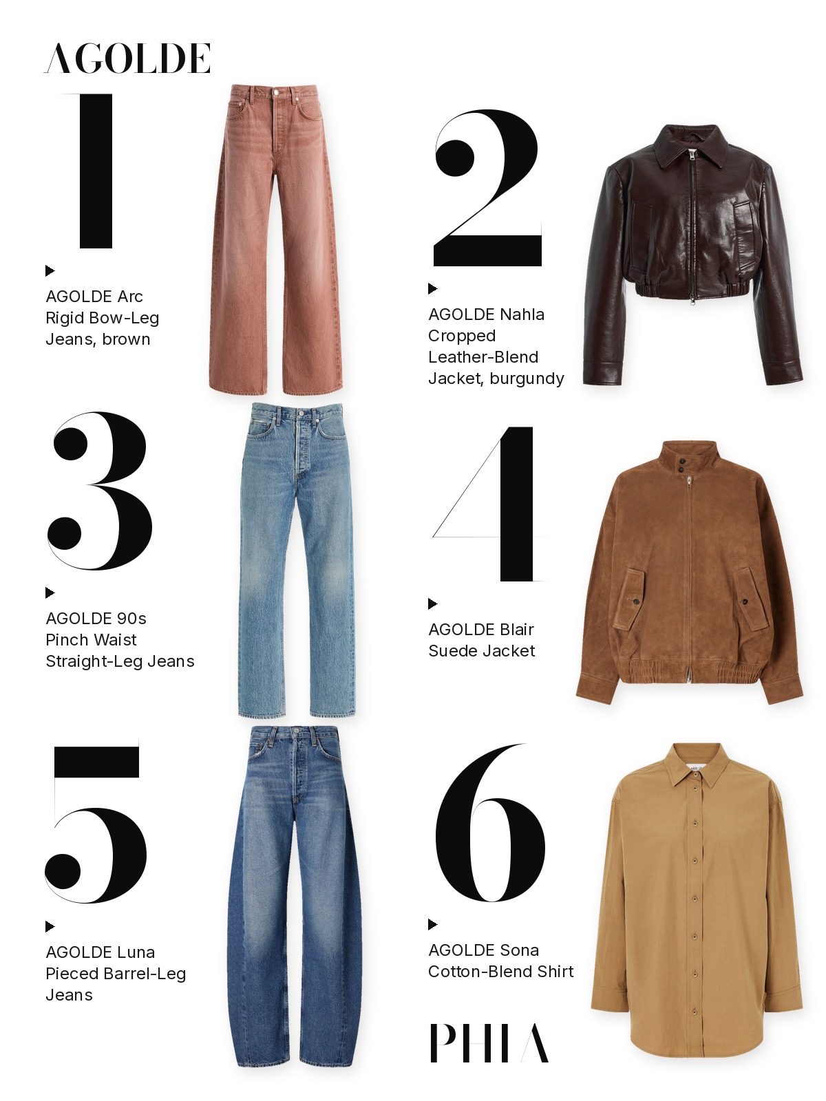 Six Agolde pieces, numbered 1 to 6